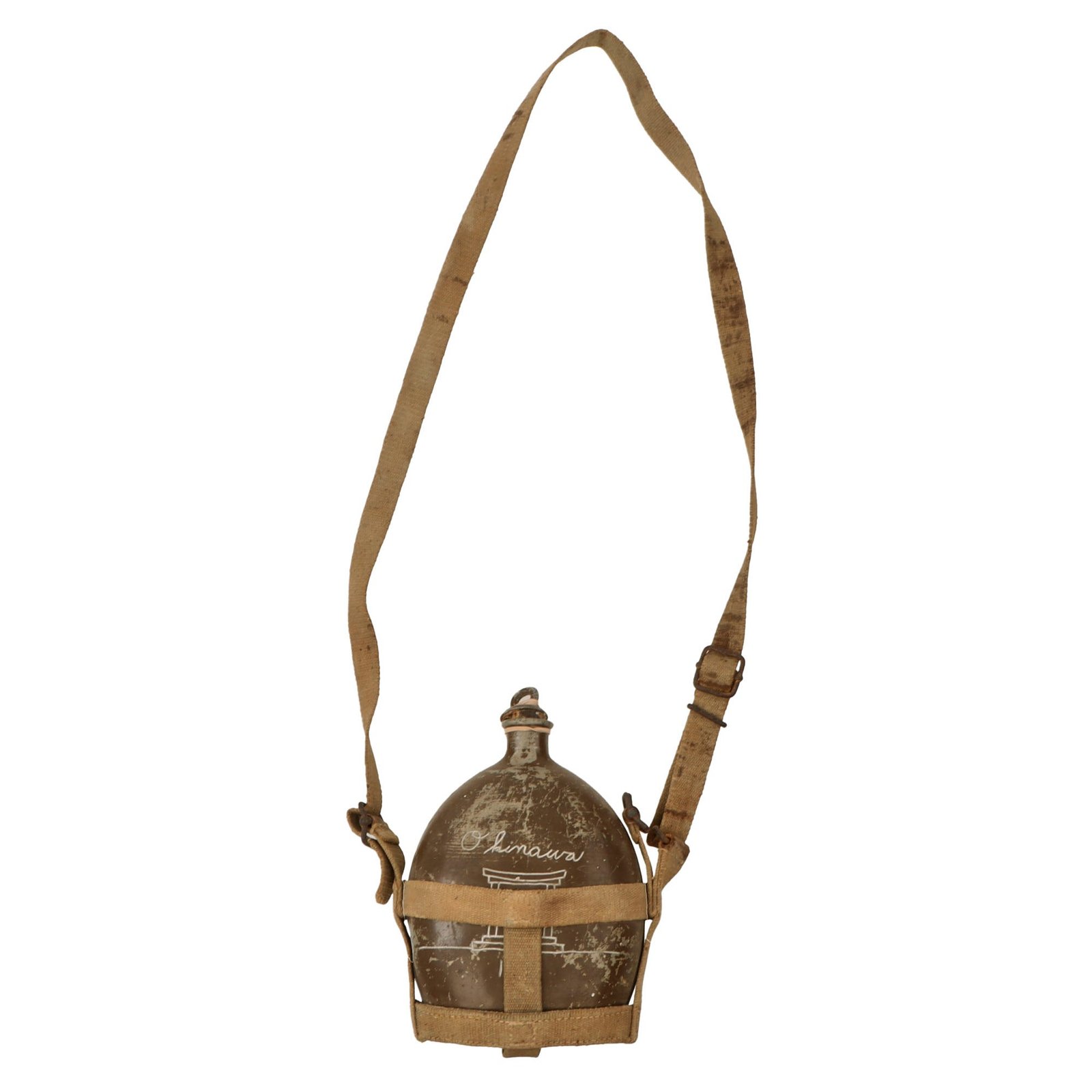 Original Imperial Japanese WWII Aluminum Canteen with Canvas Carrier & G.I. Okinawa Trench Art