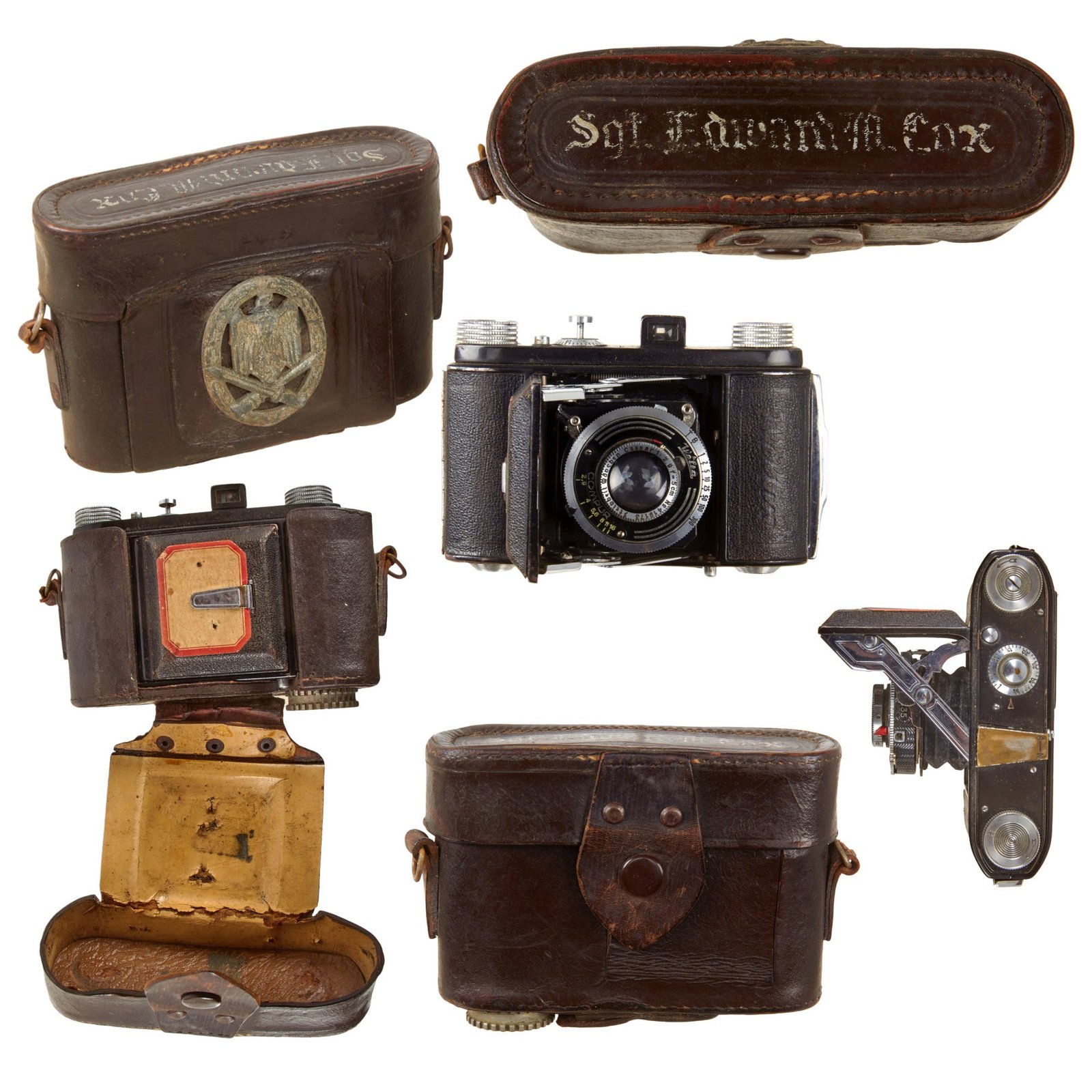 Original German WWII U.S. Captured Welta 35mm Camera in Leather Case with Soldier’s Name and Attached General Assault Badge - Sgt. Edward M. Cox