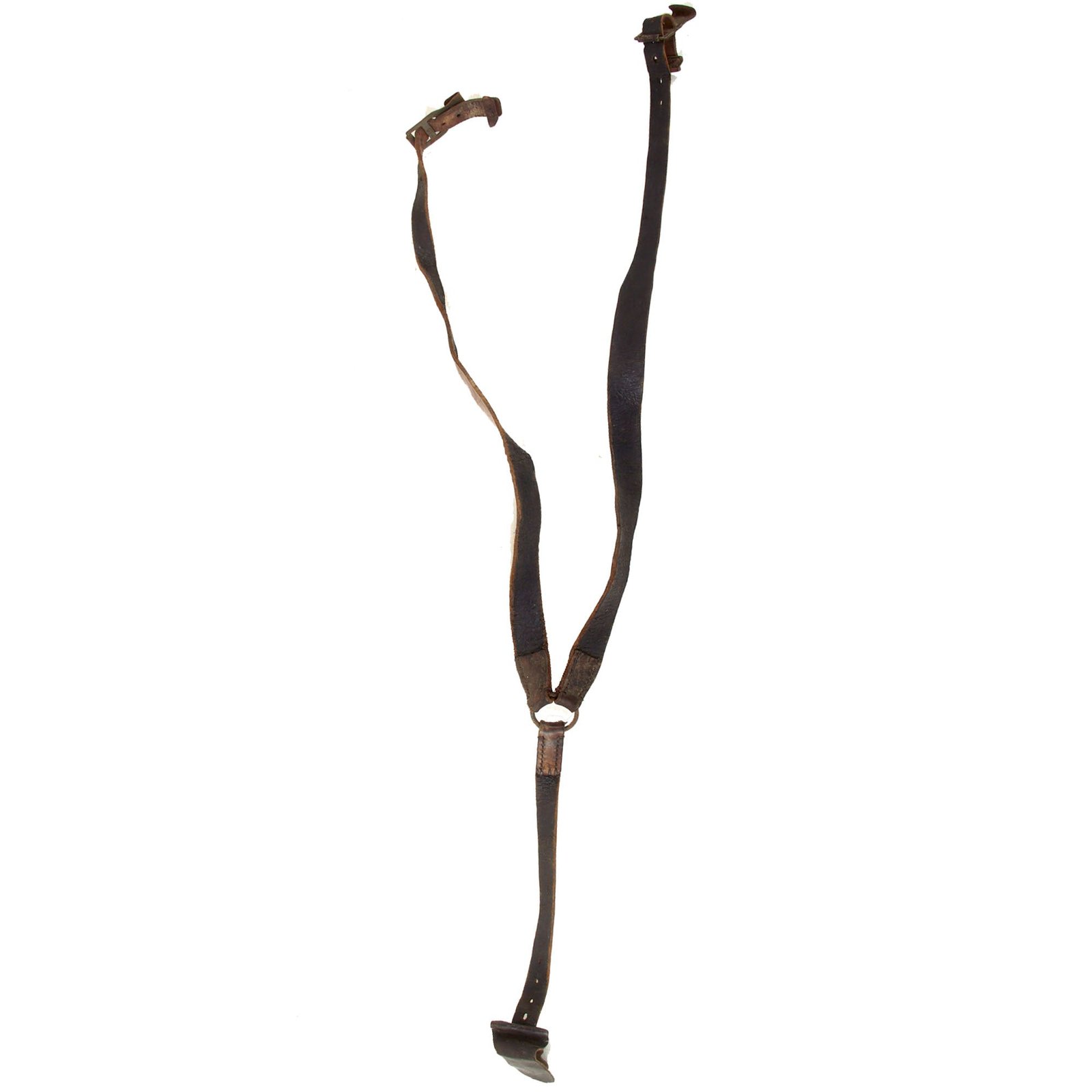 Original German WWII Lightweight Mounted Leather Combat Suspender Y Straps by Rahm & Kampmann of Wuppertal - Dated 1942