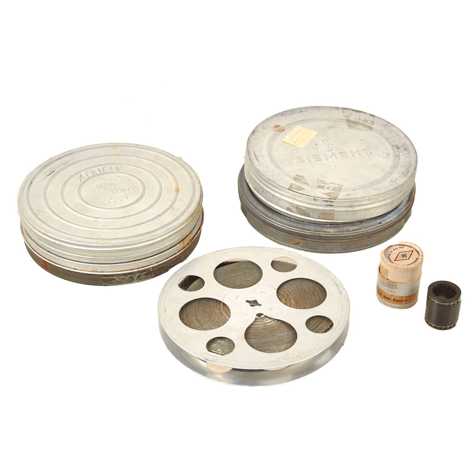 Original German & U.S. WWII Projector Film Reel Lot - Lot of Five Reels in Containers - One Labeled Stalingrad