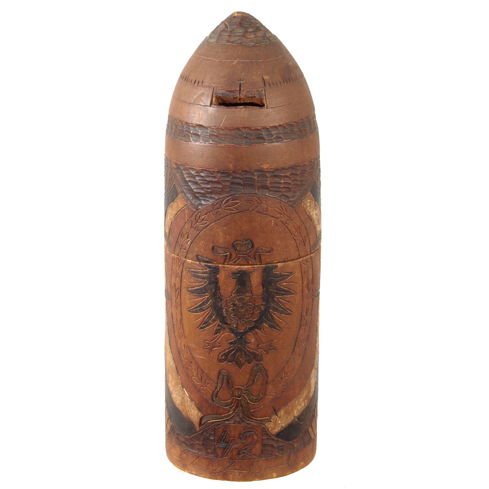 Original Imperial German WWI 2nd Silesian Field Artillery Regiment No. 42 Hand-Carved Artillery Shell Bank - Outstanding