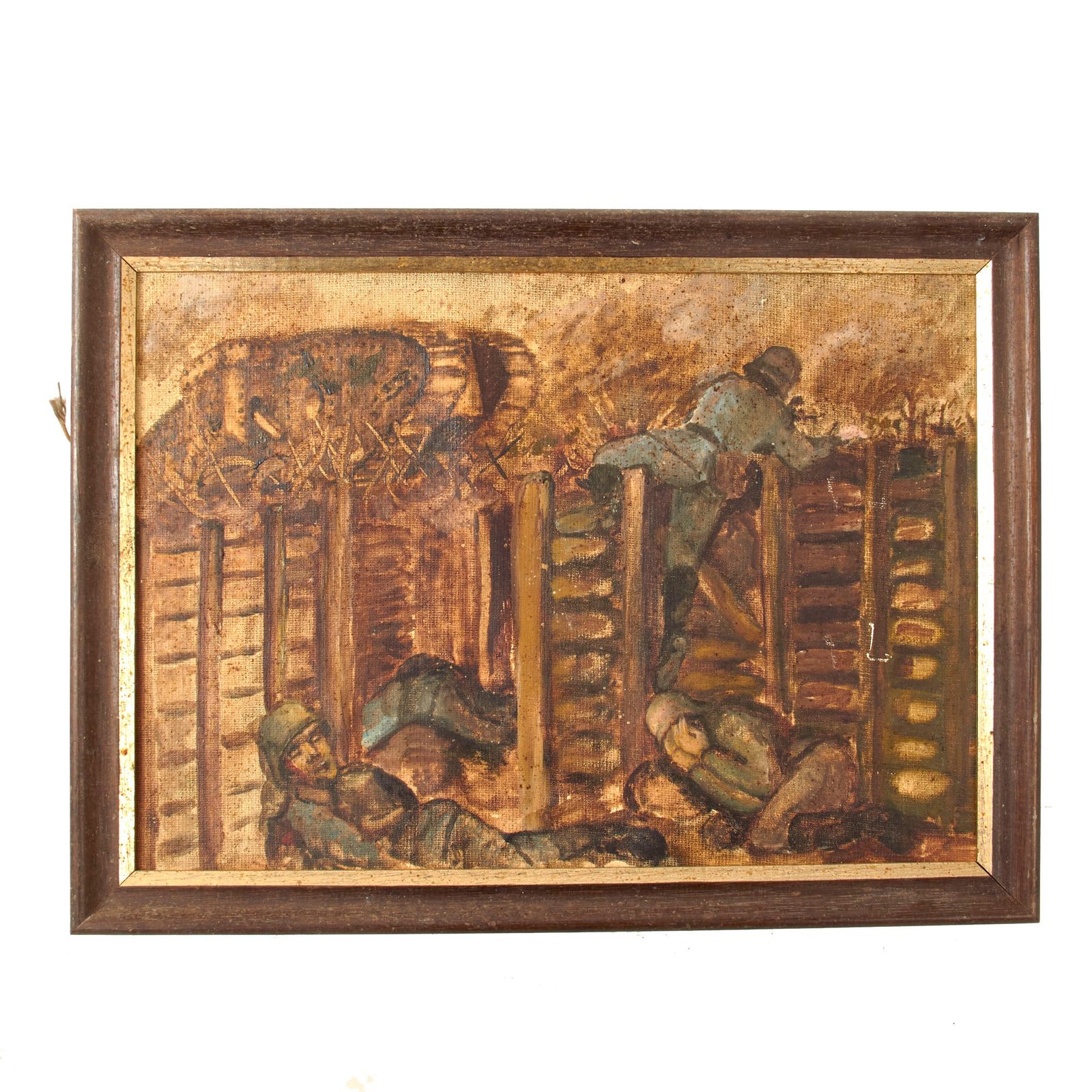Original German Post-WWI Painting of Macabre Trench Scene with British Landship Tank - Signed & Dated 1927 on Reverse - 11½ x 15½”