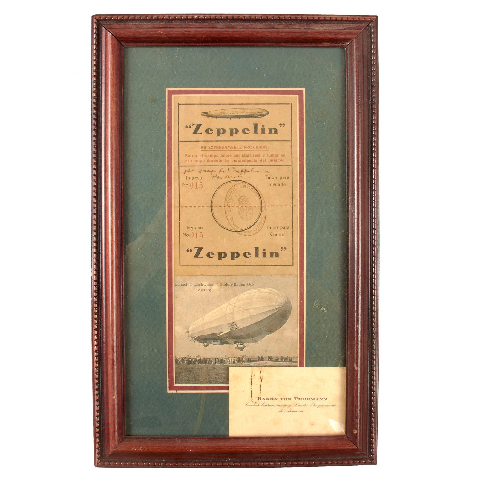 Original German WWII Framed Spanish Zeppelin Ticket and German Ambassador to Argentina Baron von Thermann’s Calling Card - 8 ⅝ x 13 ⅝”