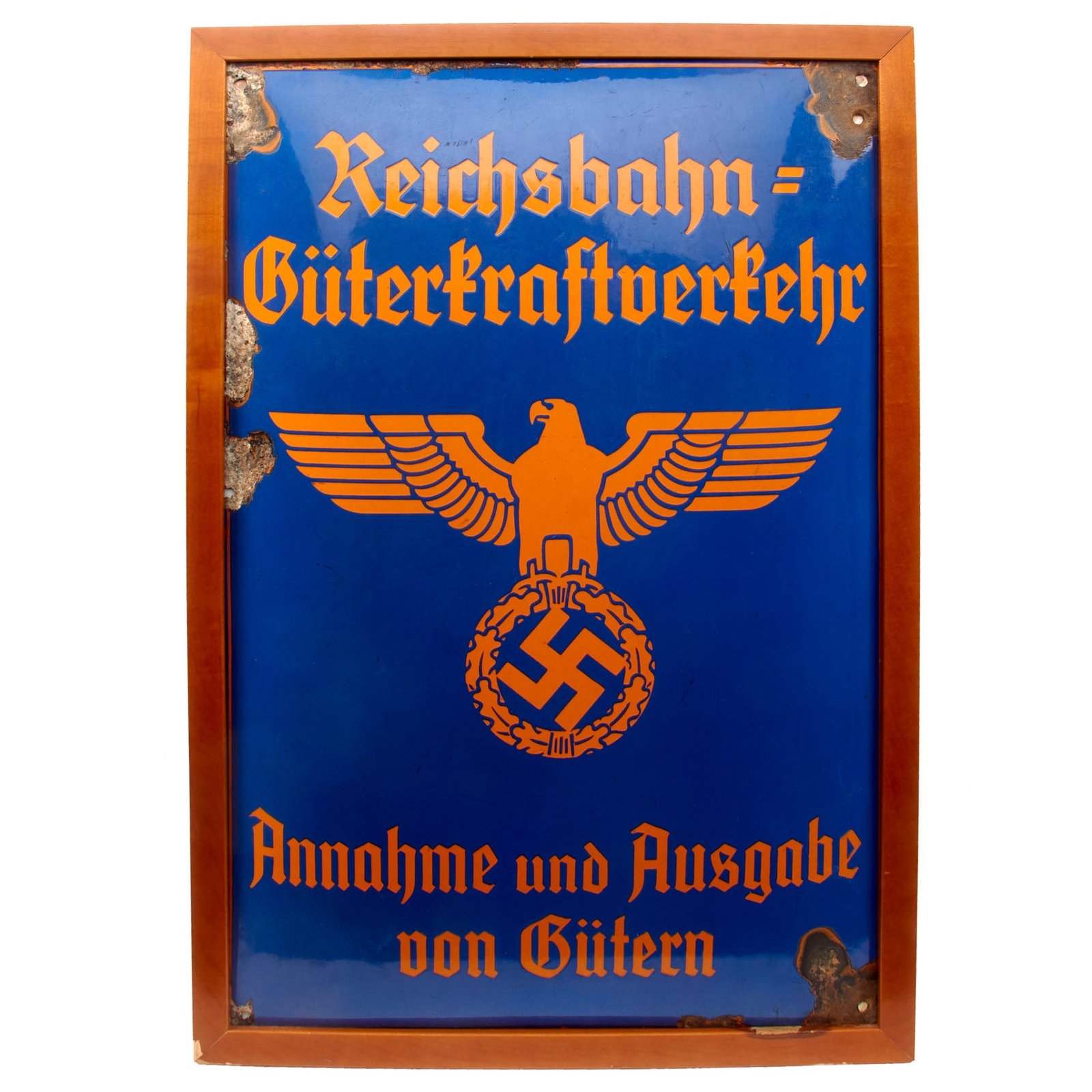 Original German WWII Framed Reichsbahn National Railway Freight Depot Enameled Steel Sign - 16 5/8" x 24 1/2"