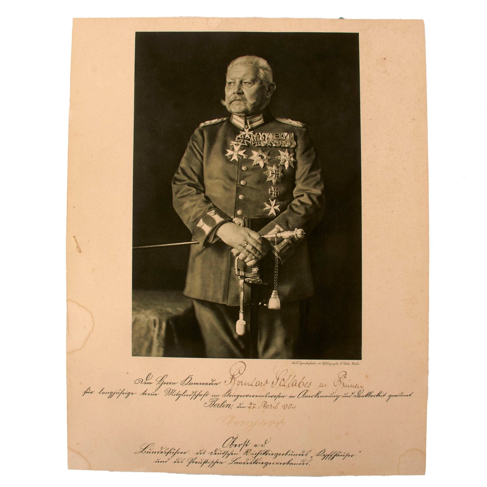 Original German Pre-WWI Paul von Hindenburg Kyffhäuserbund Dedication Document Dated April 27th, 1934 - 12½ x 16½”