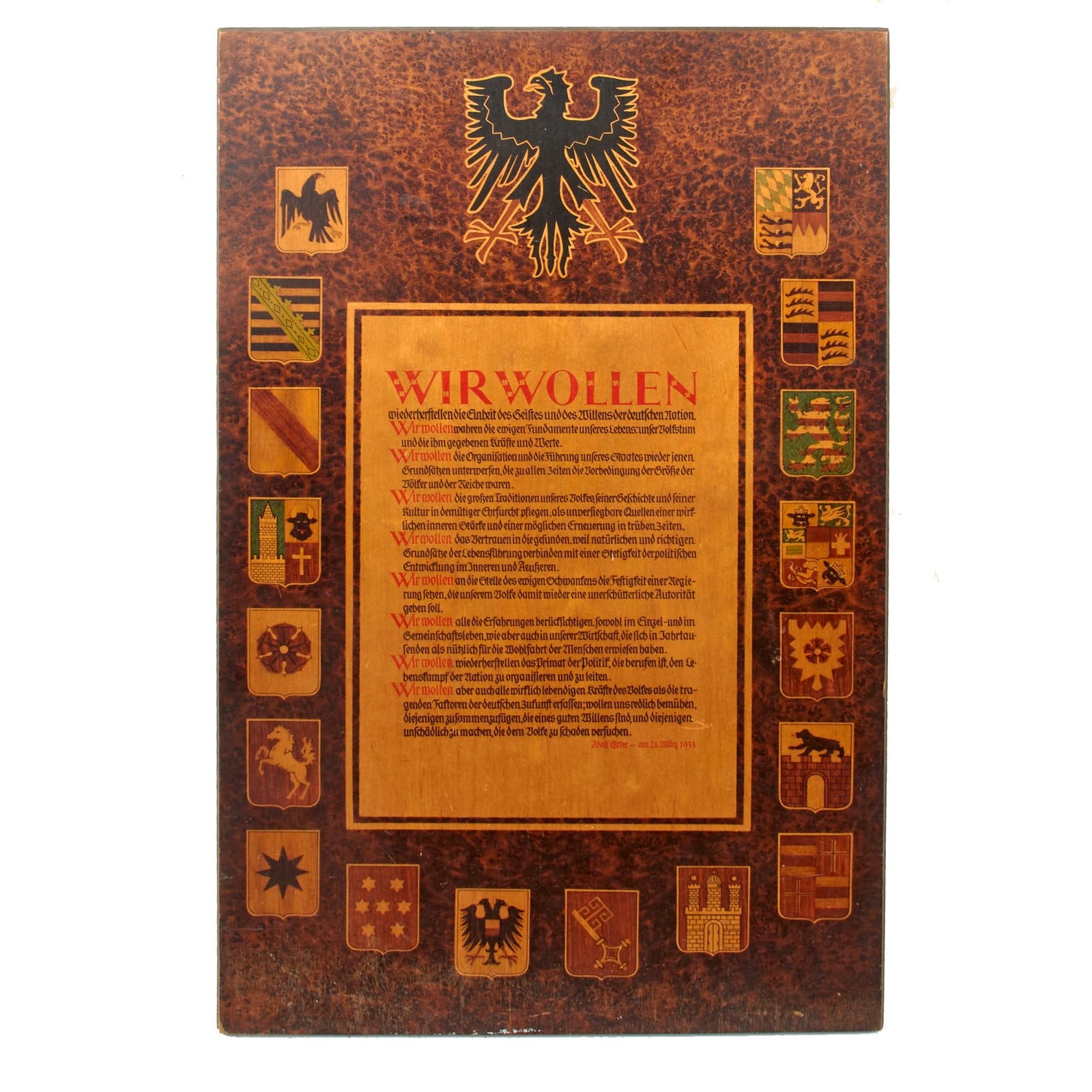 Original German Pre WWII Adolf Potsdam Day Wir Wollen "We Want" Speech Transcription on Decorative Wooden Wall Plaque - 12 3/4" x 20 3/8"