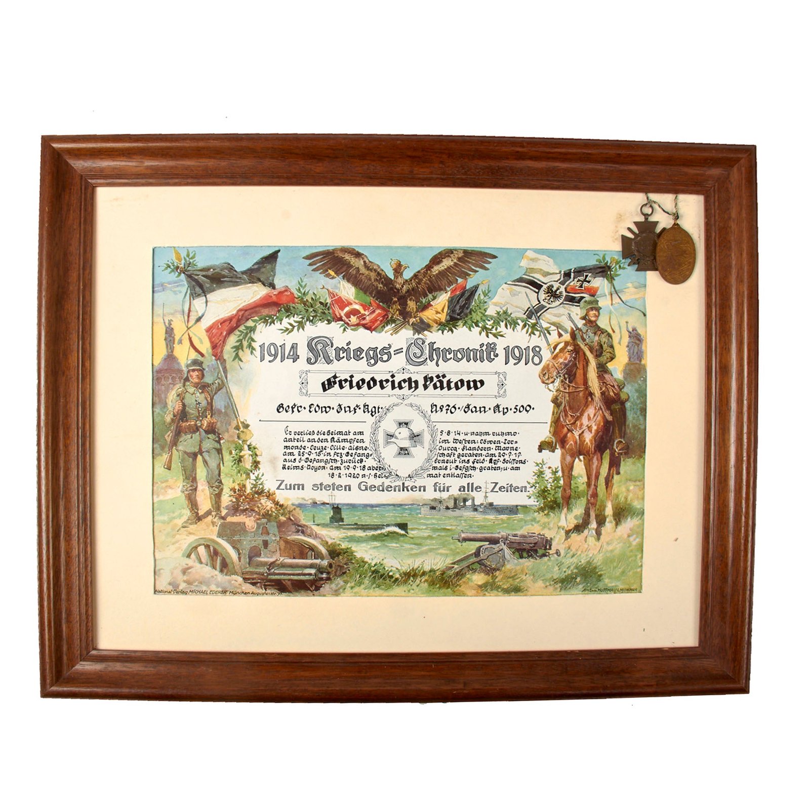 Original Imperial German WWI J.R. 76 Framed War Chronicle Document with Honor Cross & Kyffhauser Medal Attached - No Glass - 16 ¾ x 20 ¼”