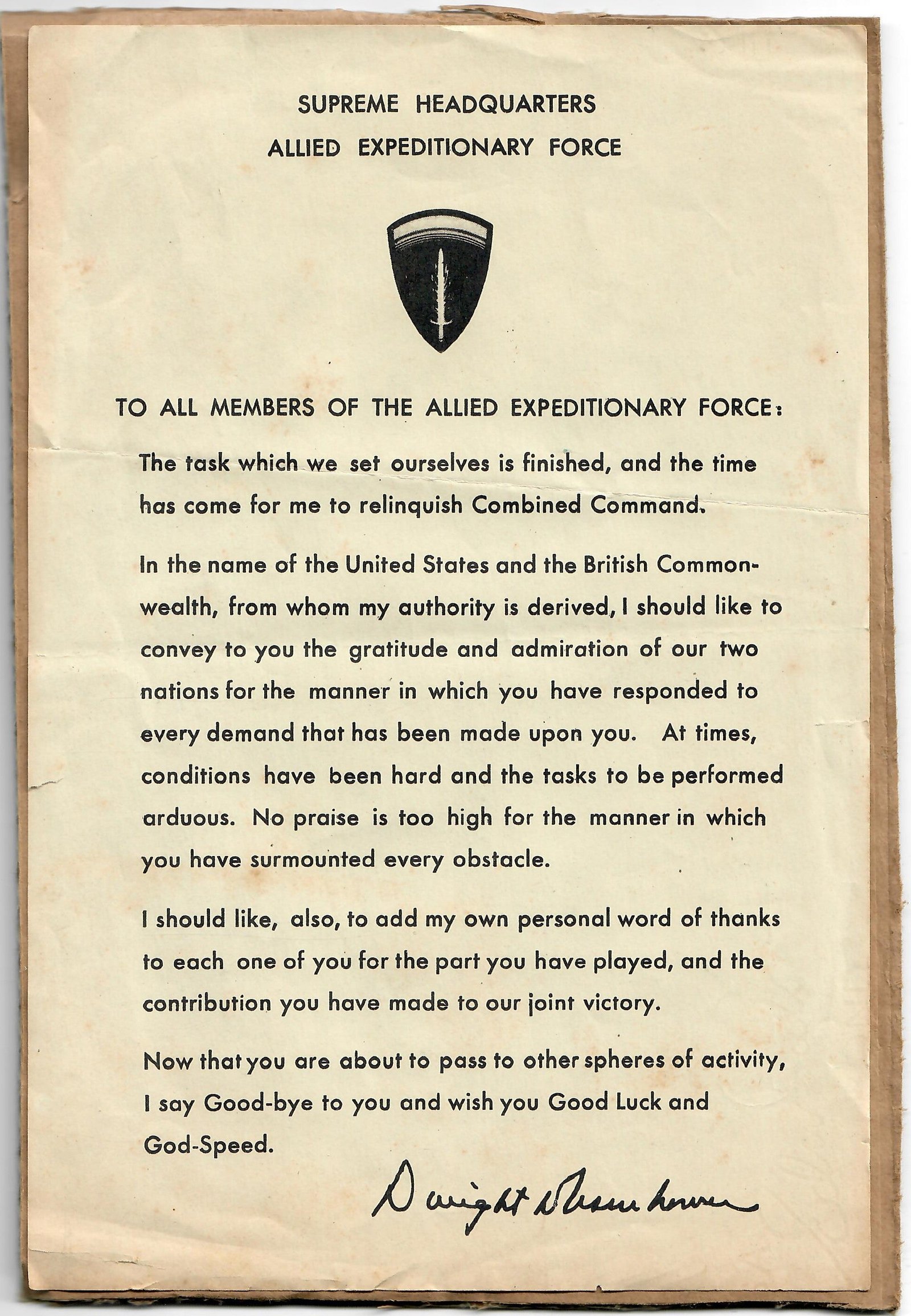 Original U.S. WWII SHAEF Eisenhower Letter Sent to the Troops After D-Day