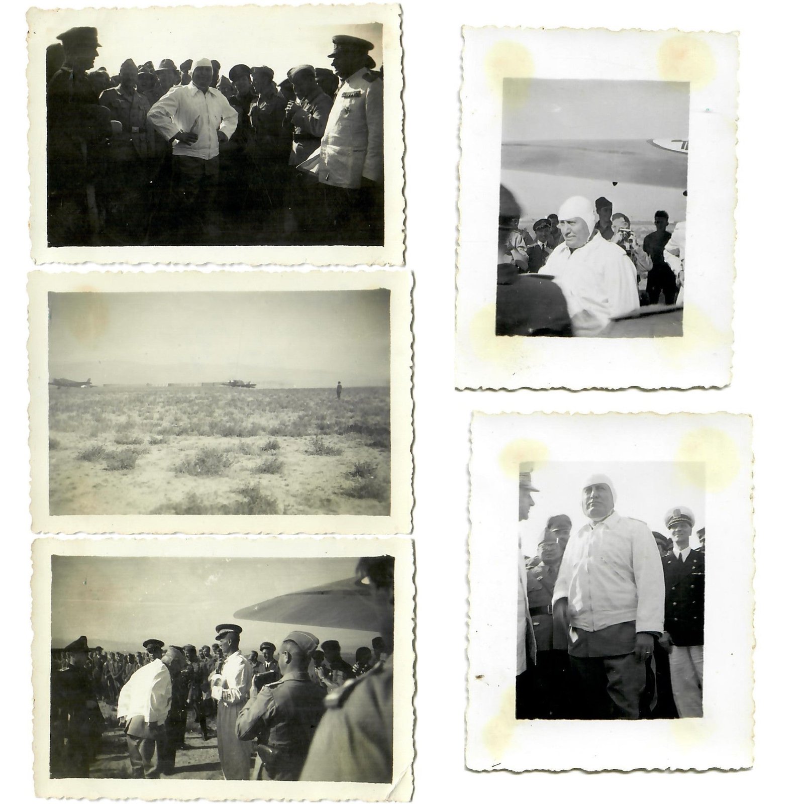 Original Italian WWII Unpublished Photos of Mussolini Wearing Tropical Flight Jacket & Helmet Taken by German in North Africa - All Inscribed and Dated 1942 - Five Total