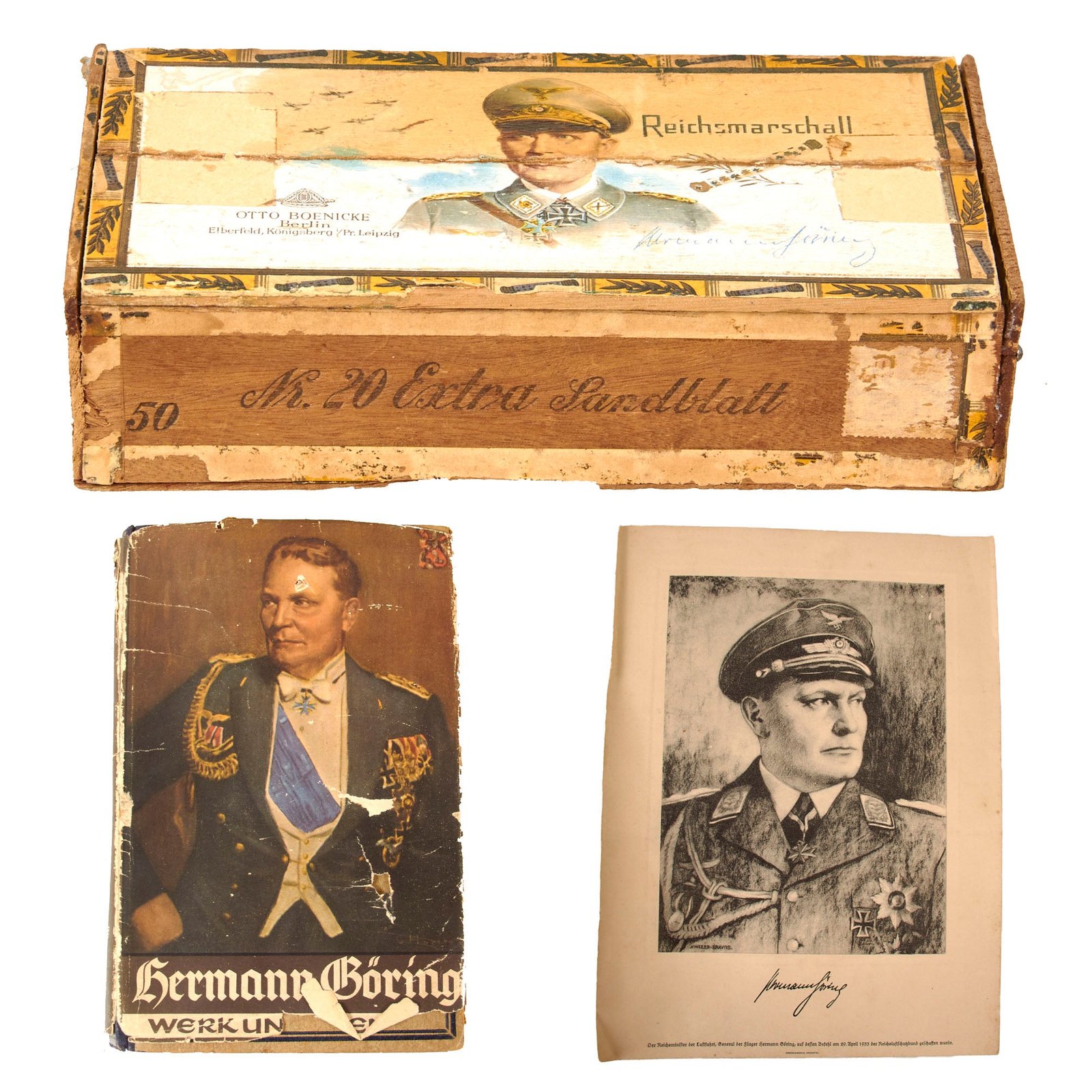 Original German WWII Reichsmarschall Hermann Göring Ephemera Lot - Cigar Box, Portrait Print, and Book