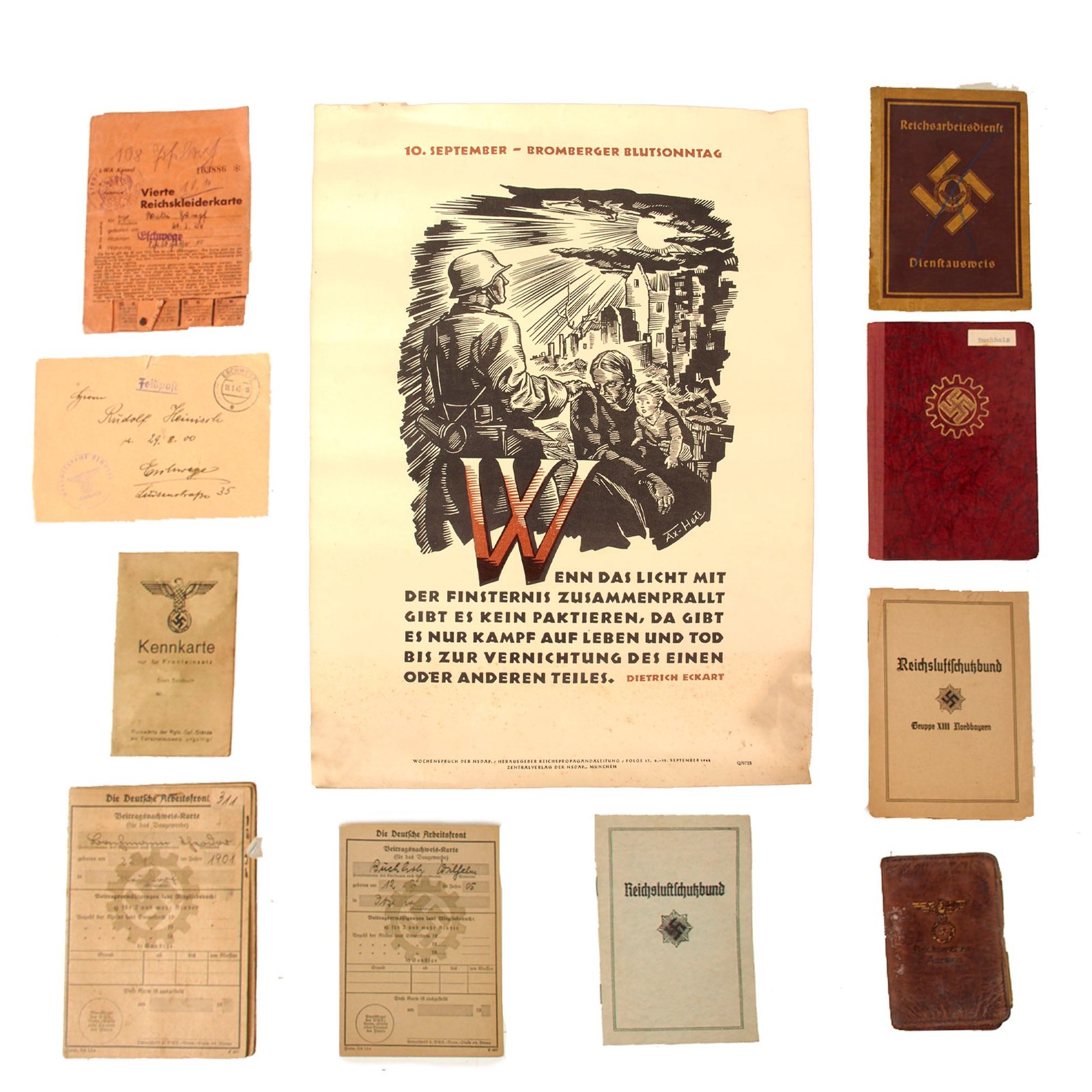 Original German WWII - Post War Propaganda, Identification, and Record Document Grouping - 15 Items