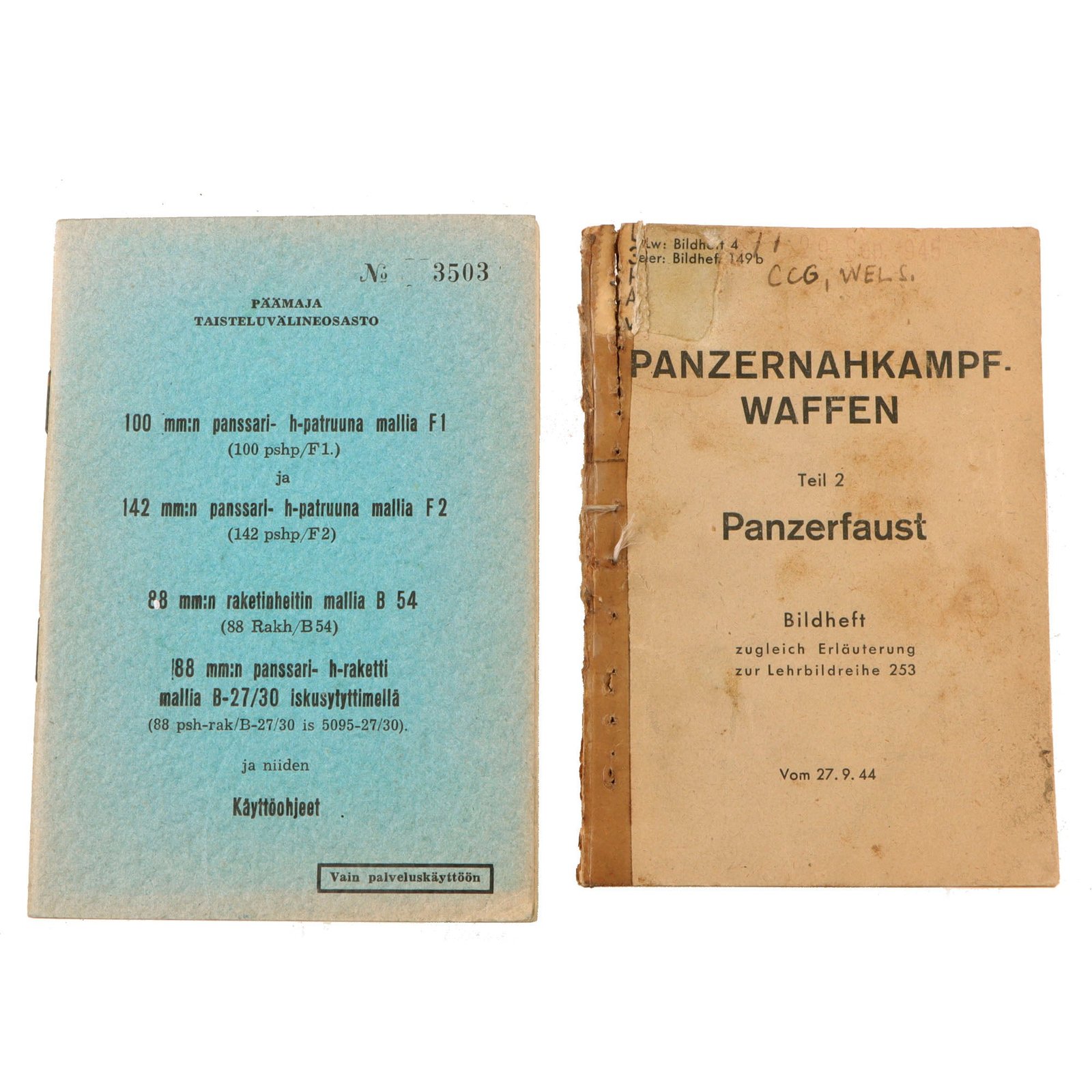 Original WWII Anti-Armor Weapon Manual Set - German Panzerfaust Manual and Finnish Manual for German Anti-Armor Weapons