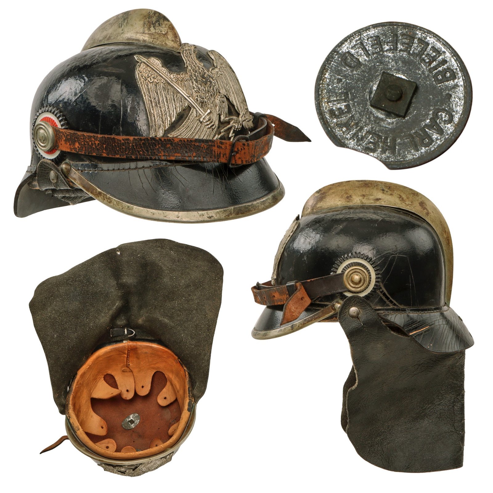 Original German Pre-WWII Prussian Fire Brigade Leather Pickelhaube Helmet with Cockades and Neck Cape - Rare