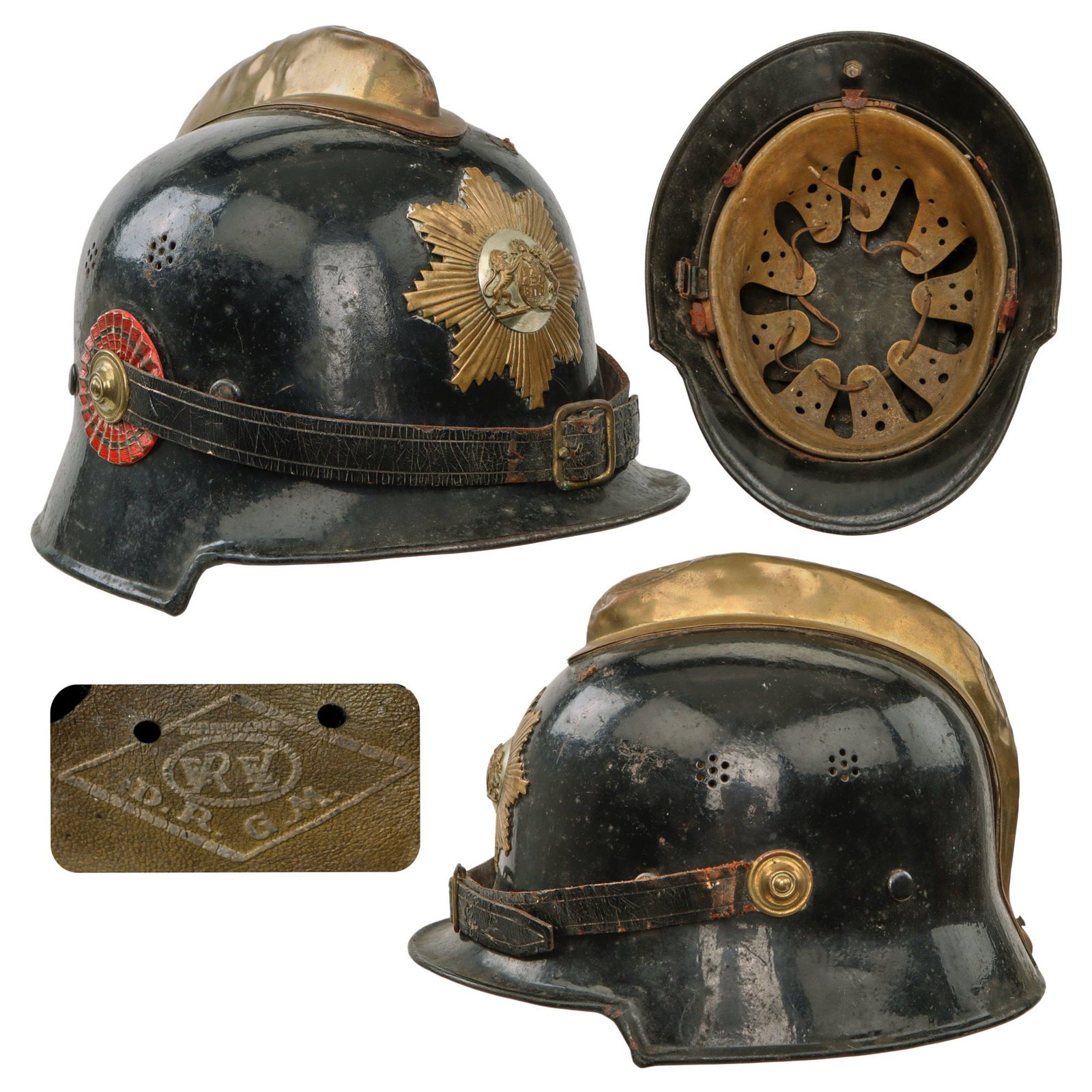 Original German Pre-WWII Unusual Early Commercial M34 Square Dip Police Helmet with State Wappen & Cockade - Double Erel Markings on Sweatband