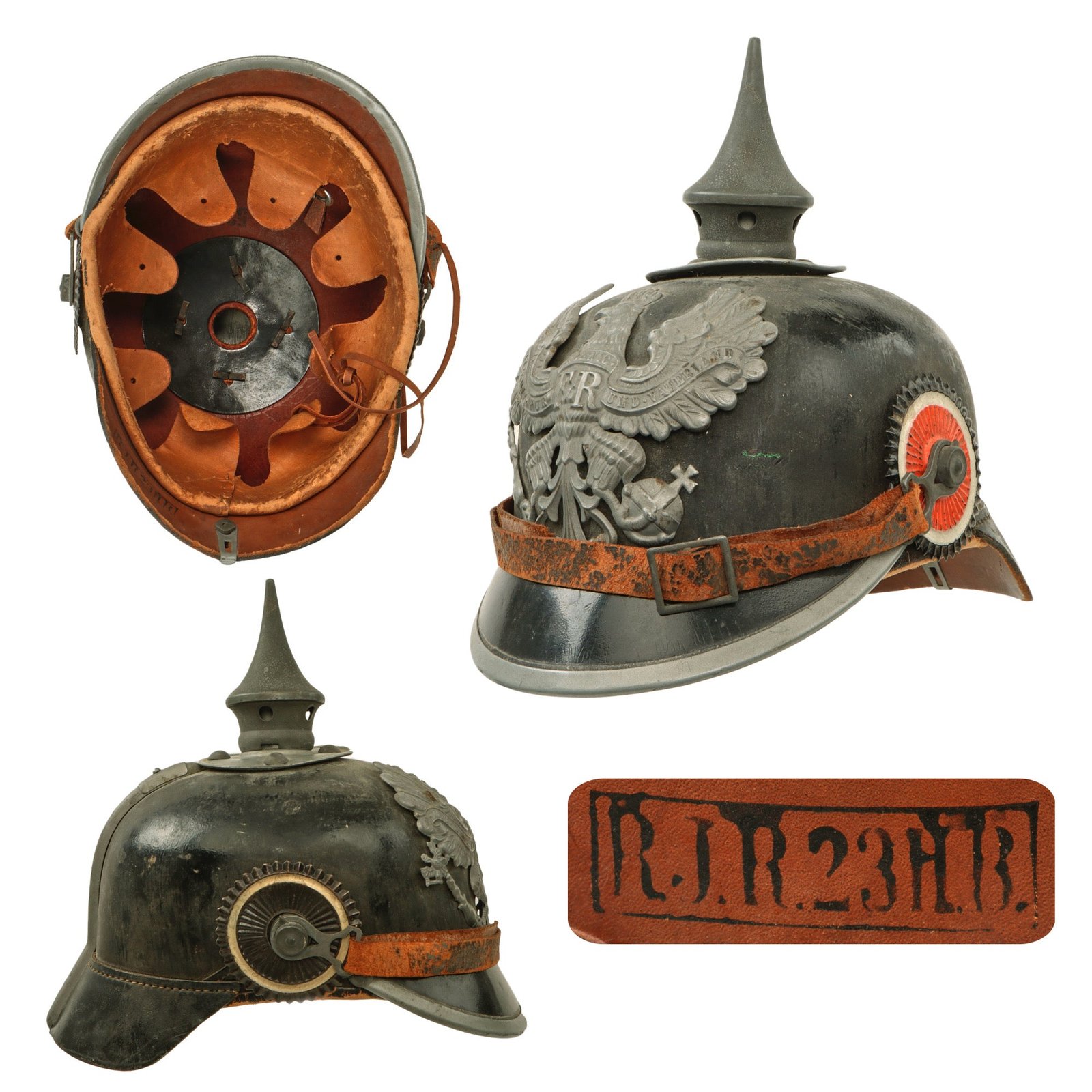 Original Imperial German WWI Prussian Unit-Marked EM/NCO Infantry M1915 Pickelhaube Spiked Helmet Dated 1916 with Rare Large Cockades & Broken Chinstrap - Reserve-Infanterie-Regiment Nr. 23 Howitzer Battery - Size 53