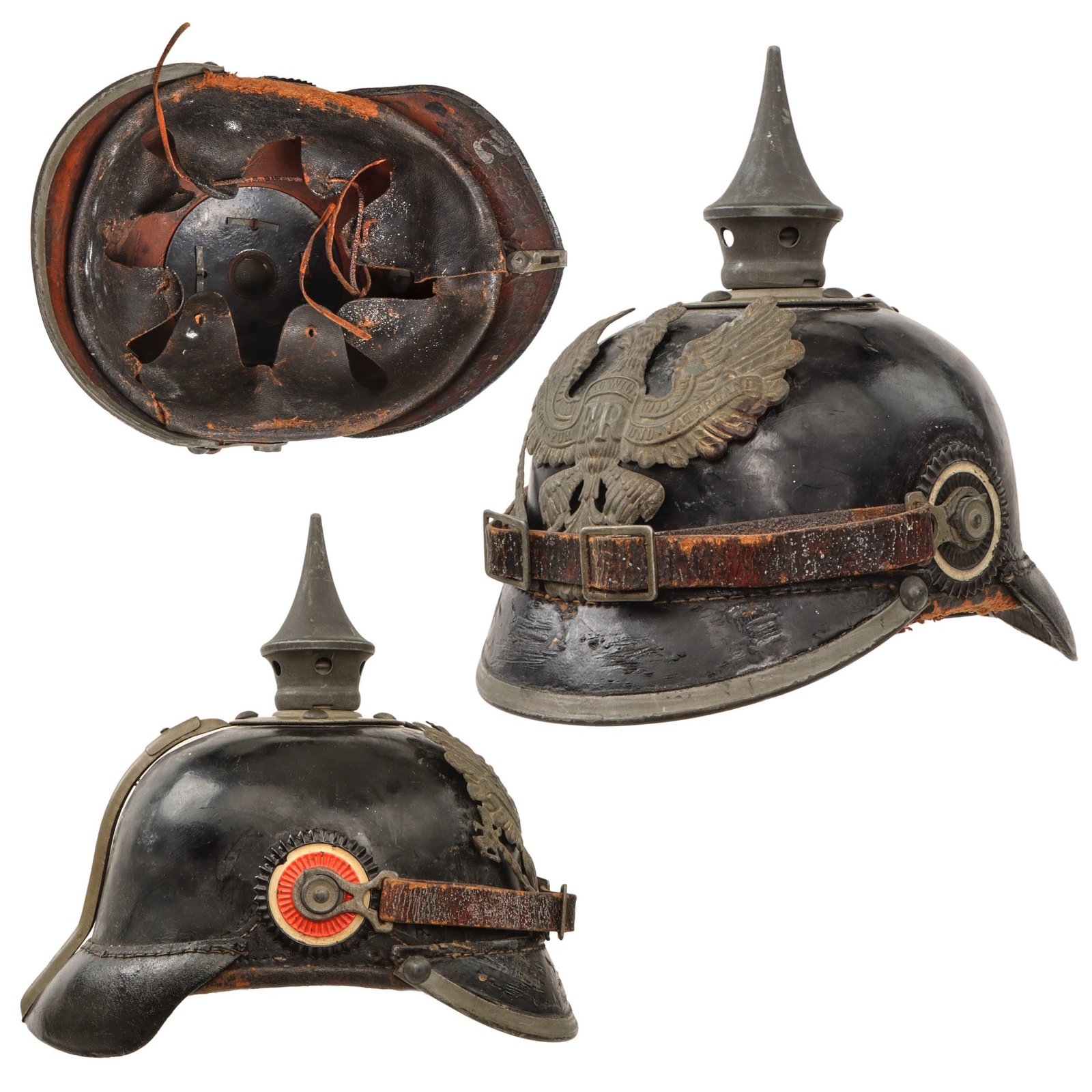 Original Imperial German WWI Unit-Marked Prussian M1895 Line Infantry Pickelhaube Spiked Helmet Converted to M1915 Pickelhaube with Cockades & Chinstrap - Dated 1898