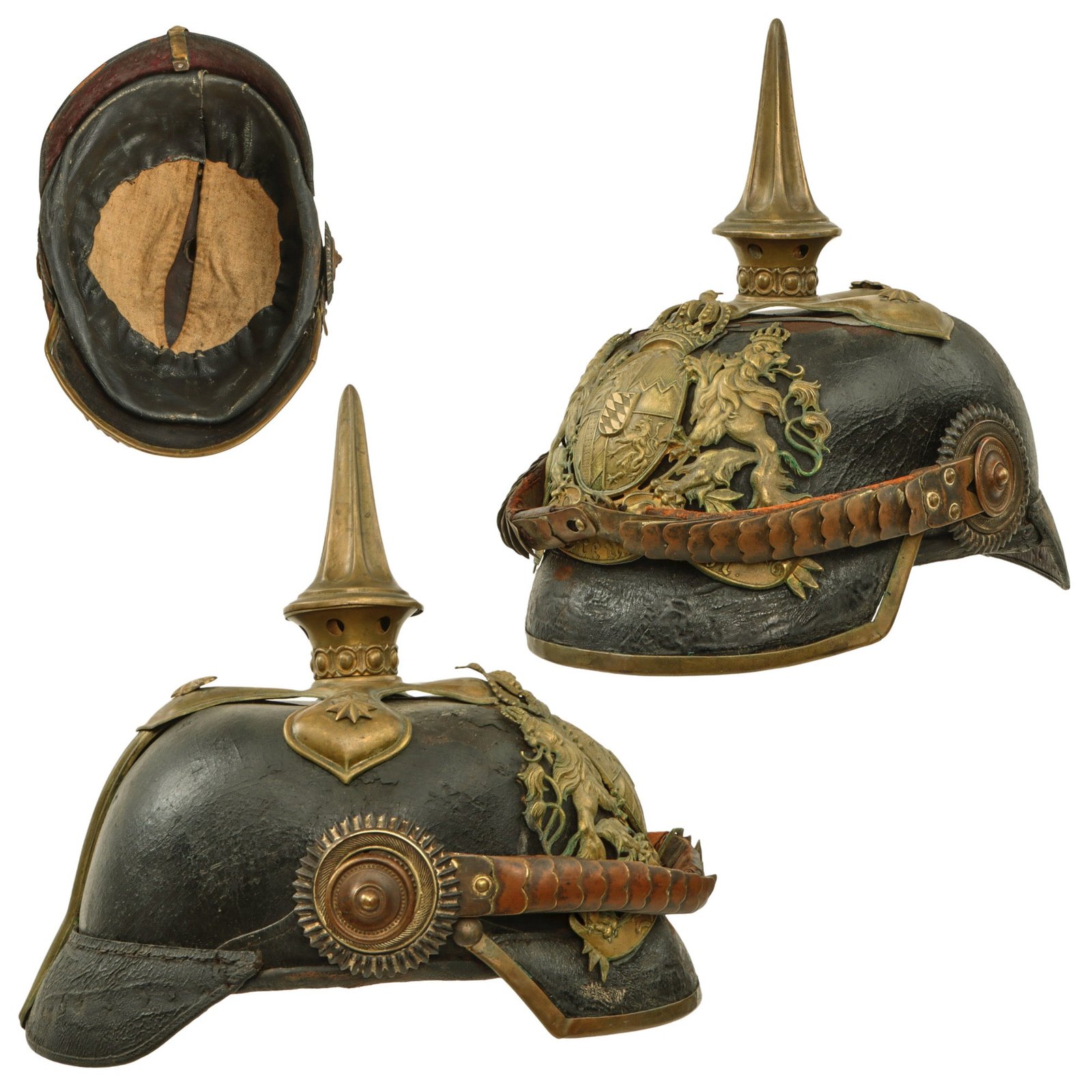 Original German WWI Bavarian M1886/1914 Infantry Officer Pickelhaube Spiked Helmet with Period-Replaced Liner & Incorrect Cockades
