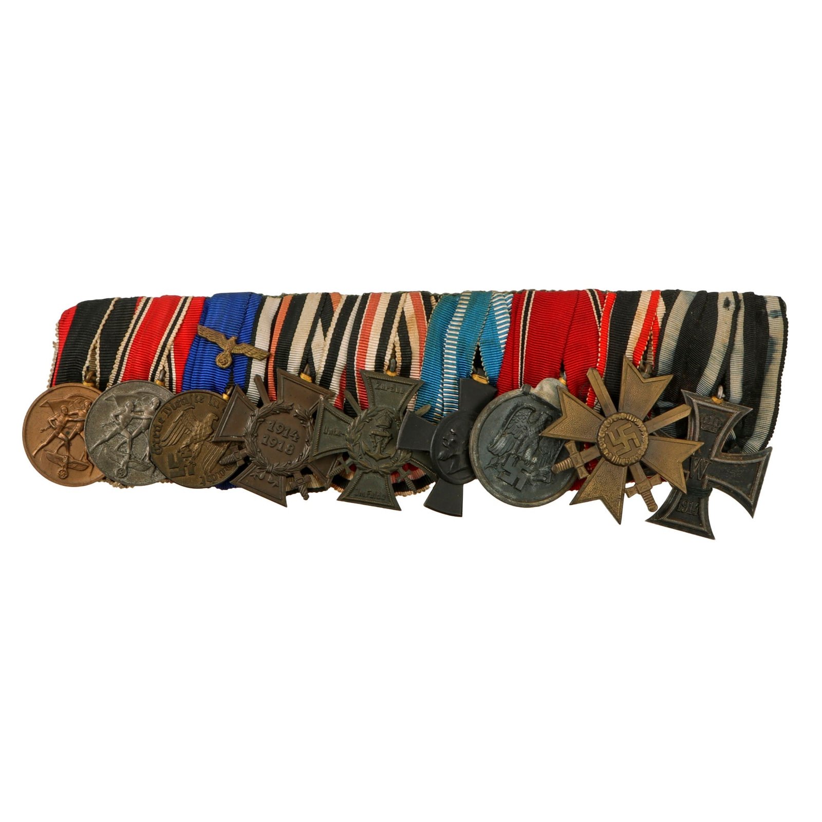 Original German WWI & WWII Era Large Medal Bar with 1914 EKII, Ludwig Cross, KvKII with Swords & Flanders Cross - 9 Awards