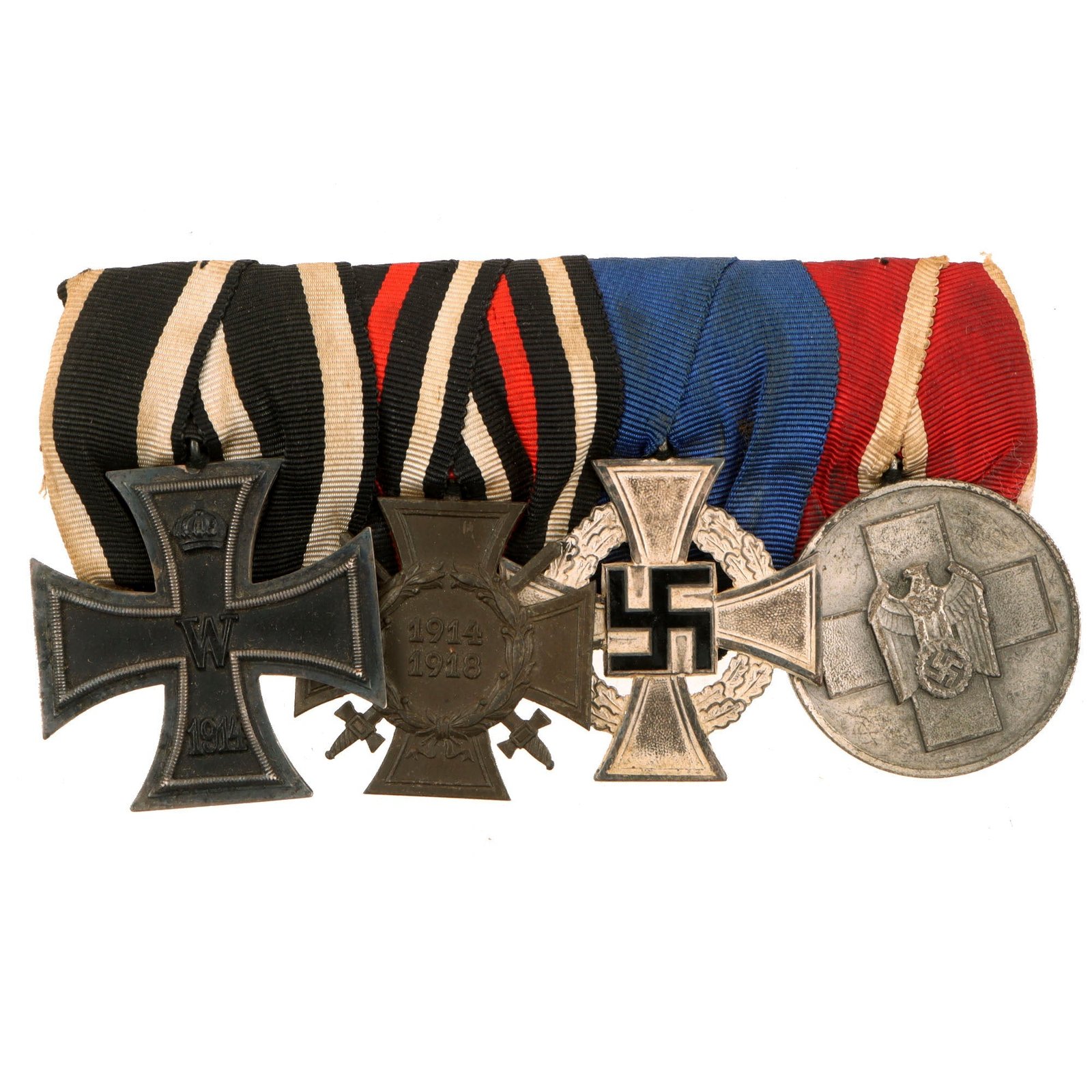Original German WWI - WWII Medal Bar with Iron Cross, Hindenburg Cross, DRK Red Cross Medal & 25 Year Service Decoration - 4 Awards