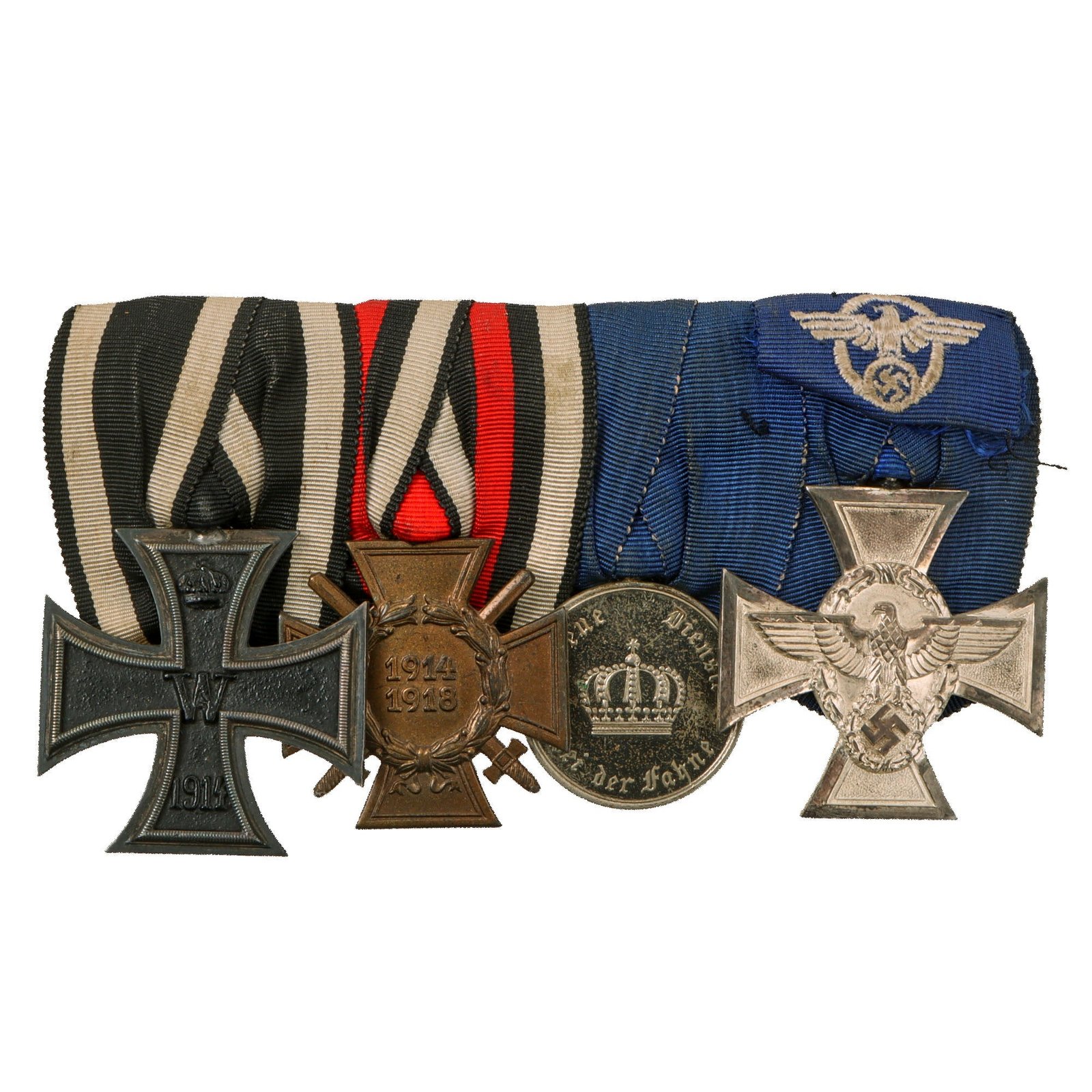 Original German WWI & WWII Medal Bar Featuring Iron Cross 1914 2nd Class & 18 Year Police Service Medal - 4 Total Medals