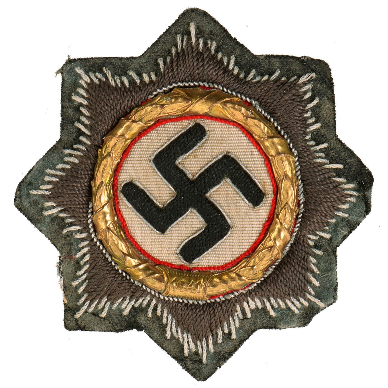 Original German WWII Heer Army Gold 1941 German Cross Award Embroidered Cloth Badge in Field Gray