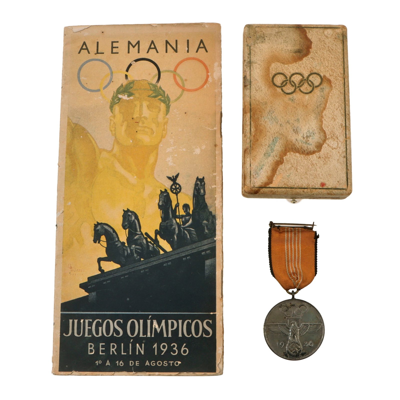 Original German WWII 1936 Berlin Summer Olympic Games Medal in Presentation Case with Spanish Language Program