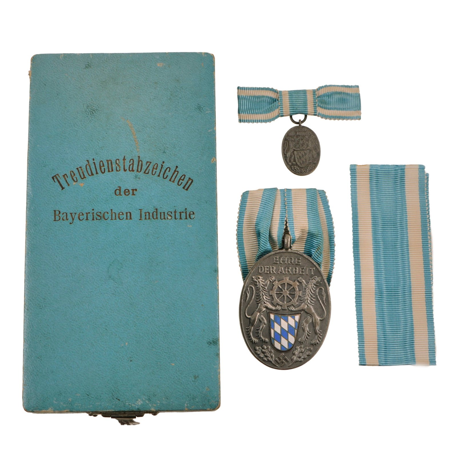 Original German WWII Bavarian 25 Year Loyal Industry Service Medal in Original Presentation Case with Miniature Medal and Spare Length of Ribbon