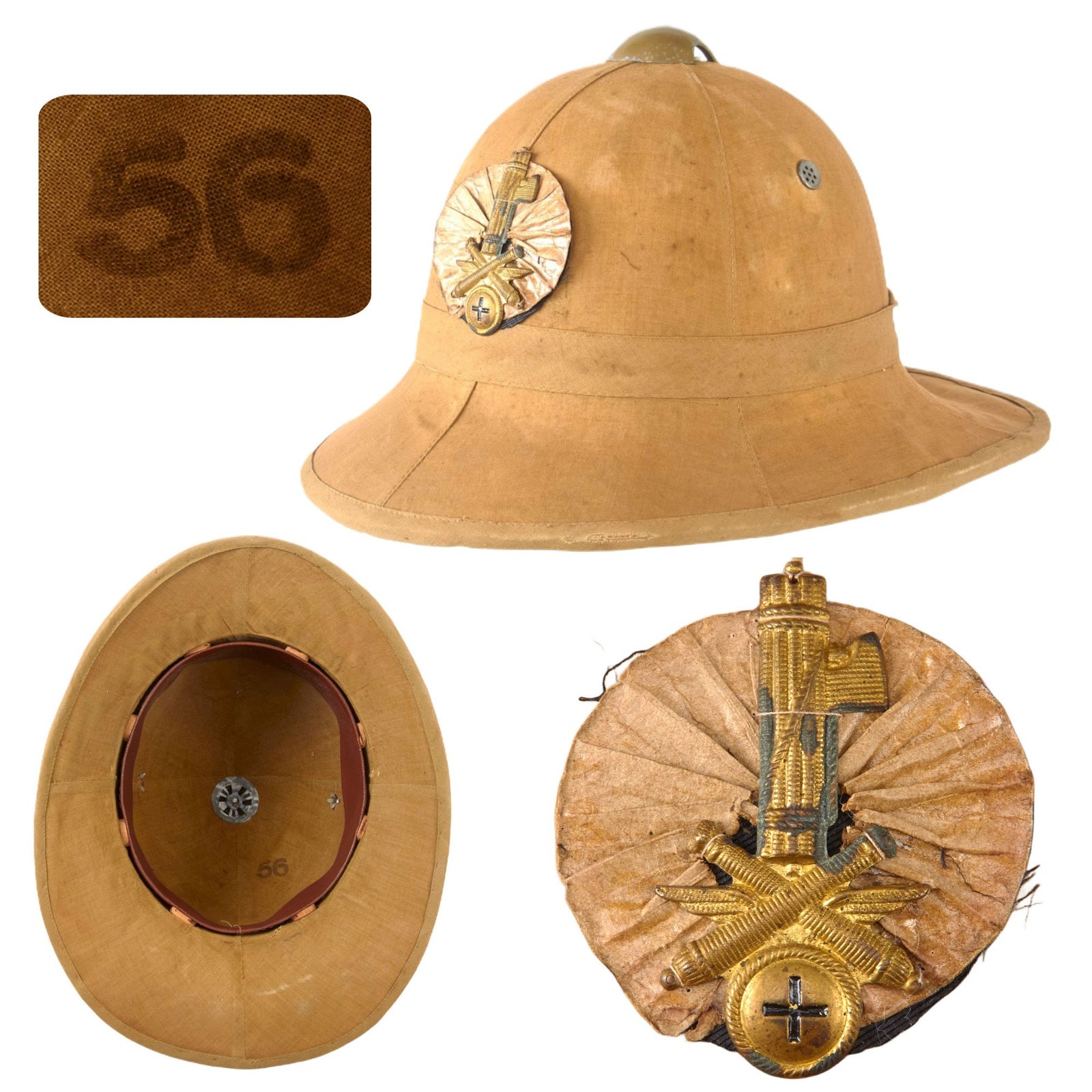 Original Italian WWII Anti-Aircraft Artillery North African Campaign M1928 Tropical Sun Pith Helmet with Cockade Badge