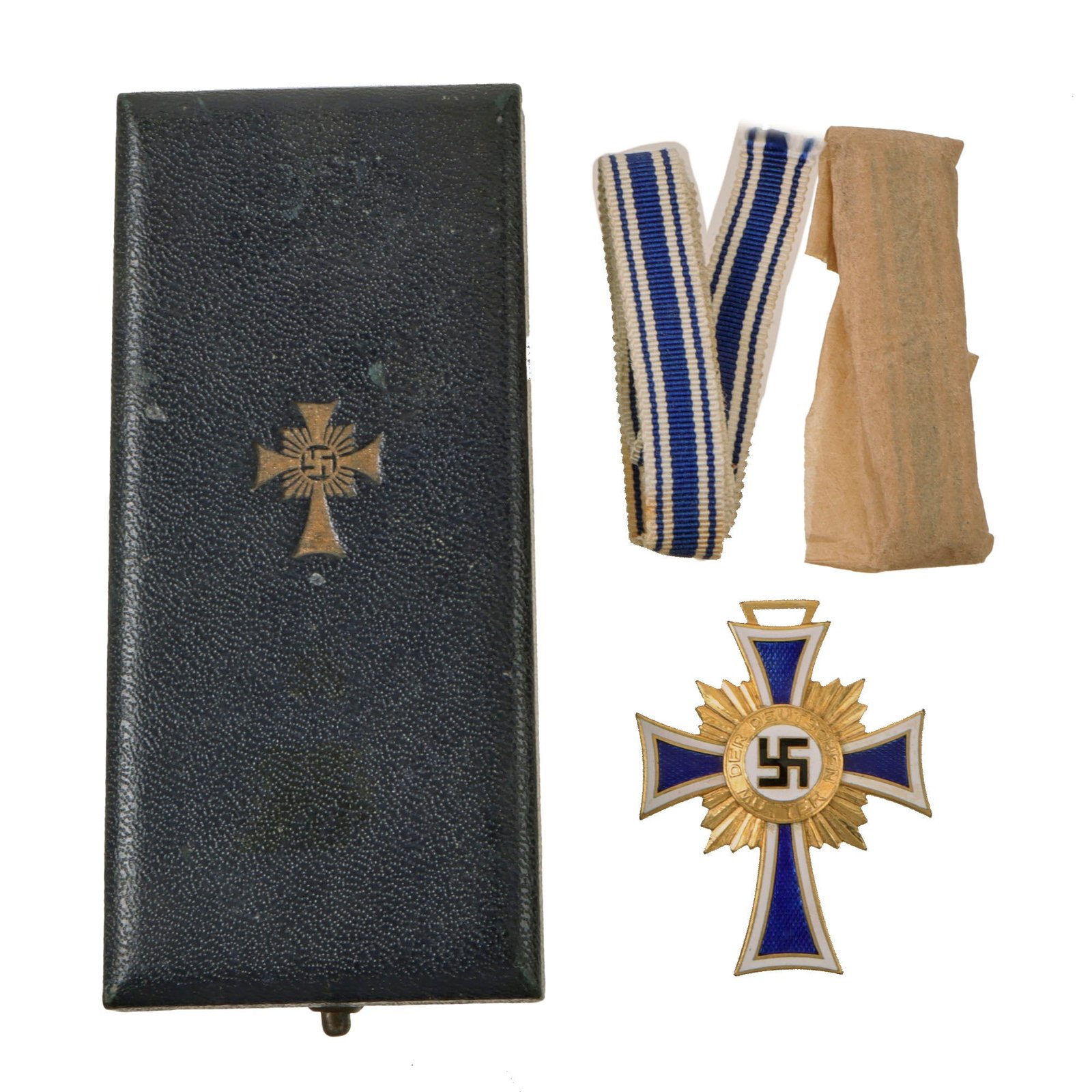Original German WWII Cased Gold Mother’s Cross by Wilhelm Deumer KG of Lüdenscheid with Two Ribbons