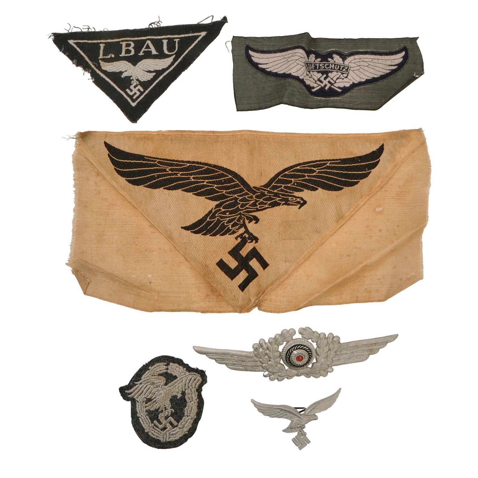 Original German WWII Luftwaffe Air Force Fabric and Metal Insignia Grouping - 6 Items