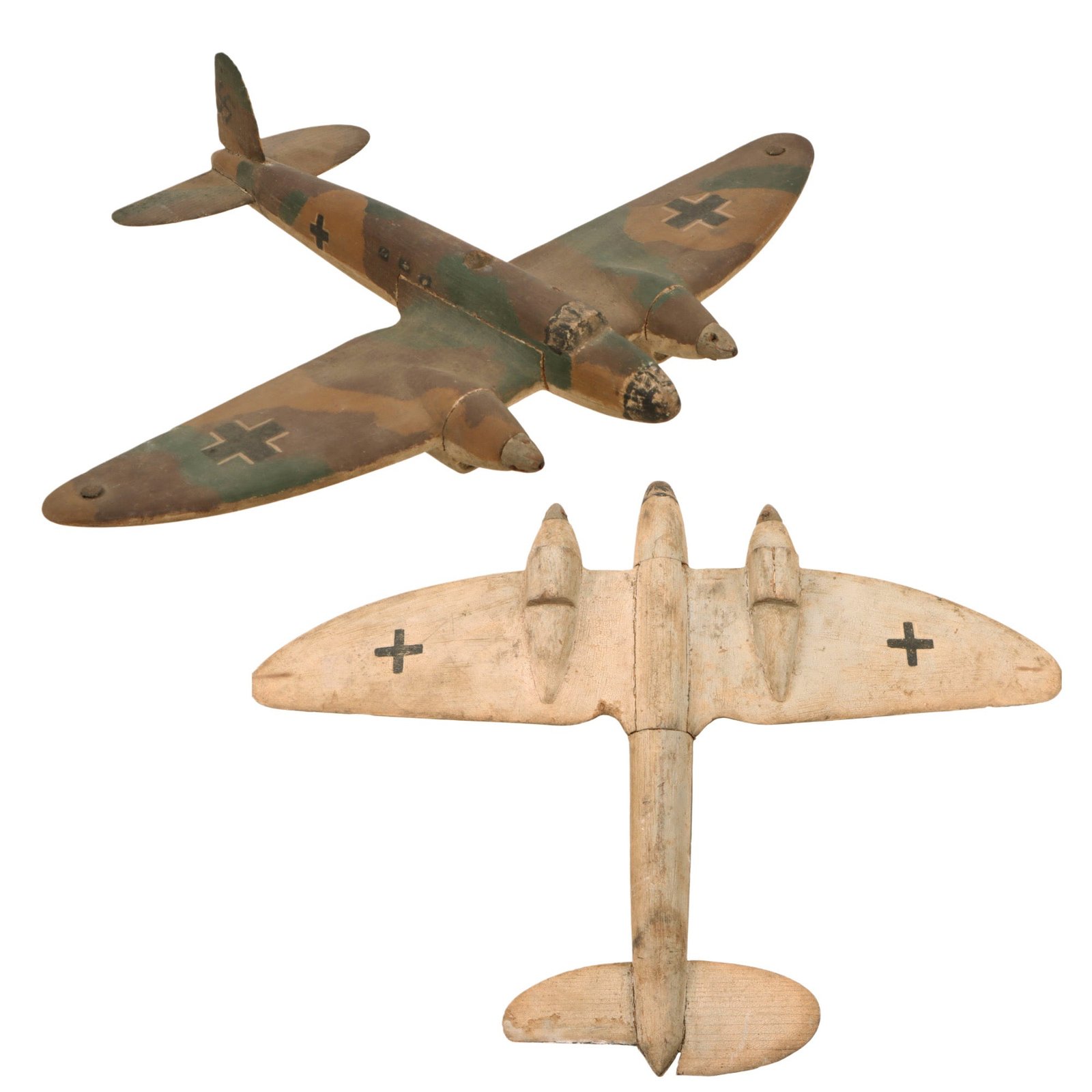 Original German WWII Homemade Wooden Toy Bomber Model with Camouflage Paint - Damaged & Repaired - Likely Heinkel HE 111