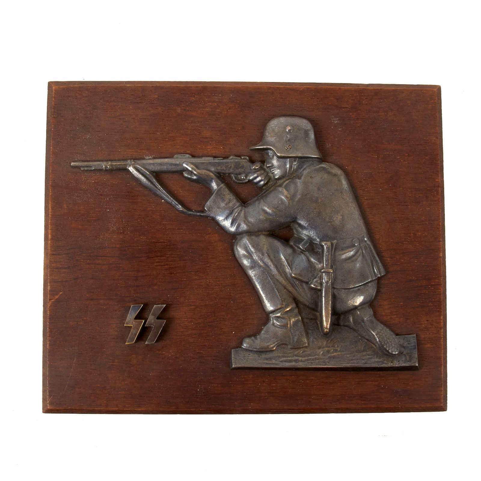 Original German WWII Waffen SS Wall Plaque Showing Soldier and Runes on Wooden Backing - 9 1/2" x 7 3/4"