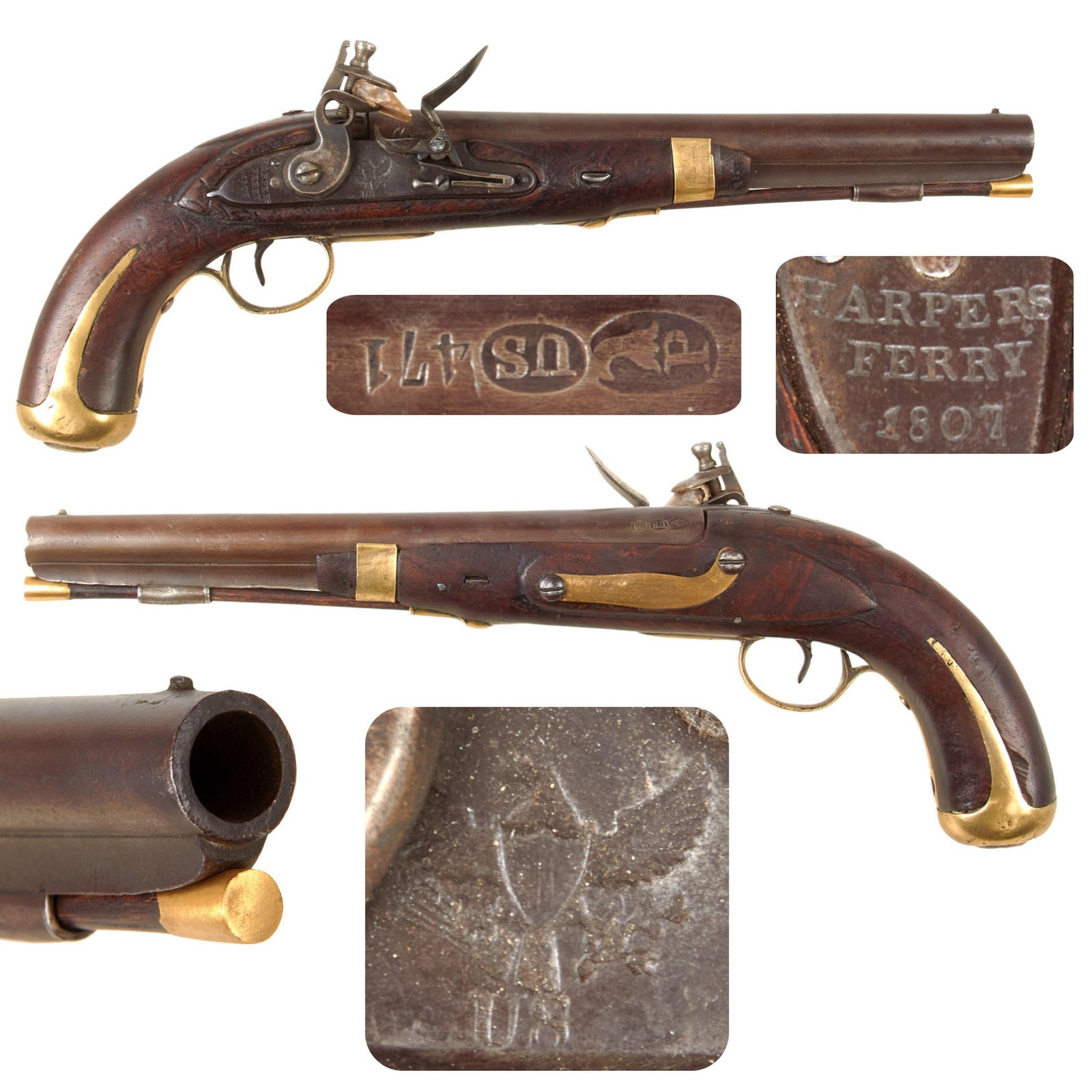 Original U.S. War of 1812 Rare Harpers Ferry Model 1807 Flintlock Pistol No. 471 with Period Replaced Stock - dated 1807