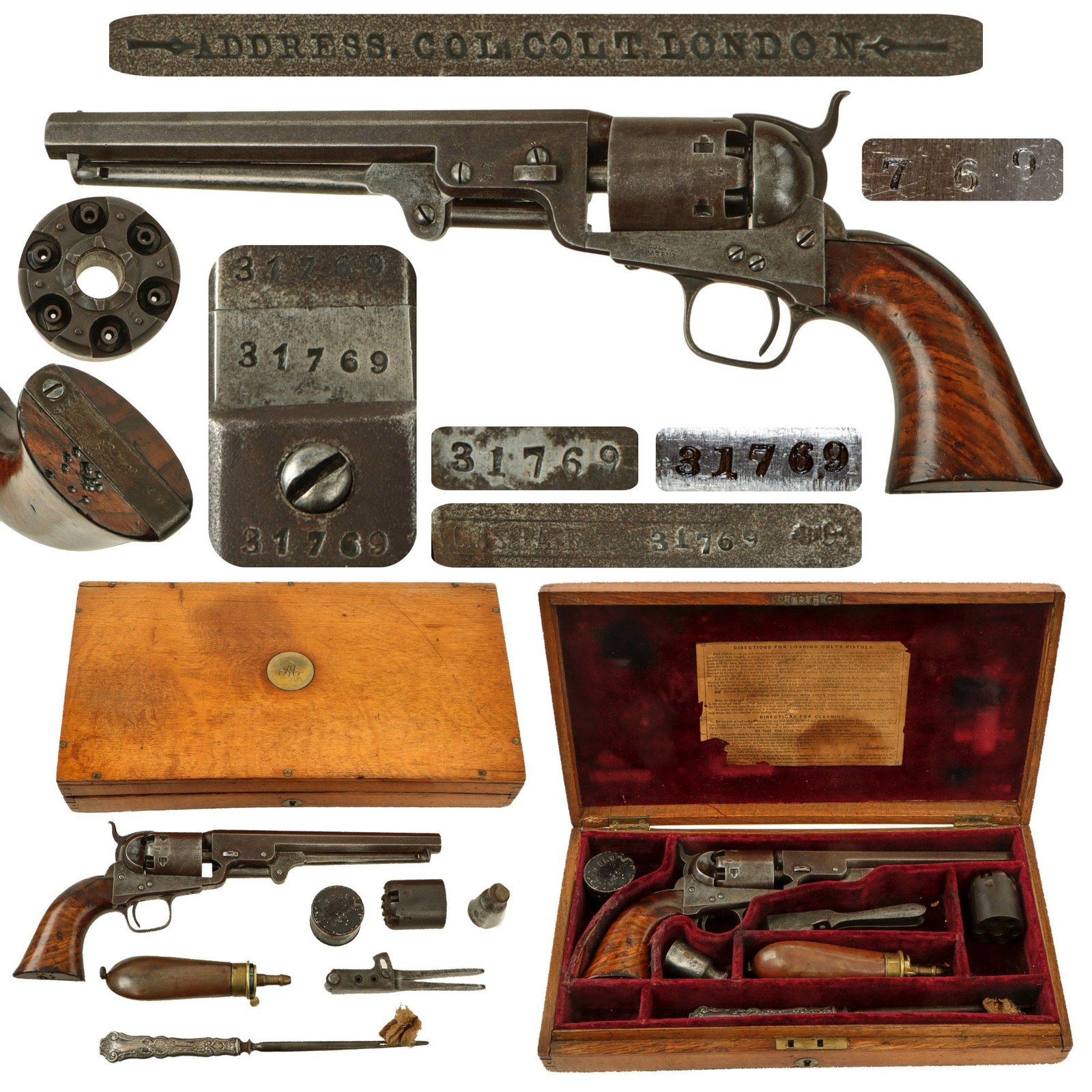 Original London Colt Model 1851 British Proofed Navy Revolver Manufactured in 1854 in Custom Wood Case with Accessories - Matching Serial 31769