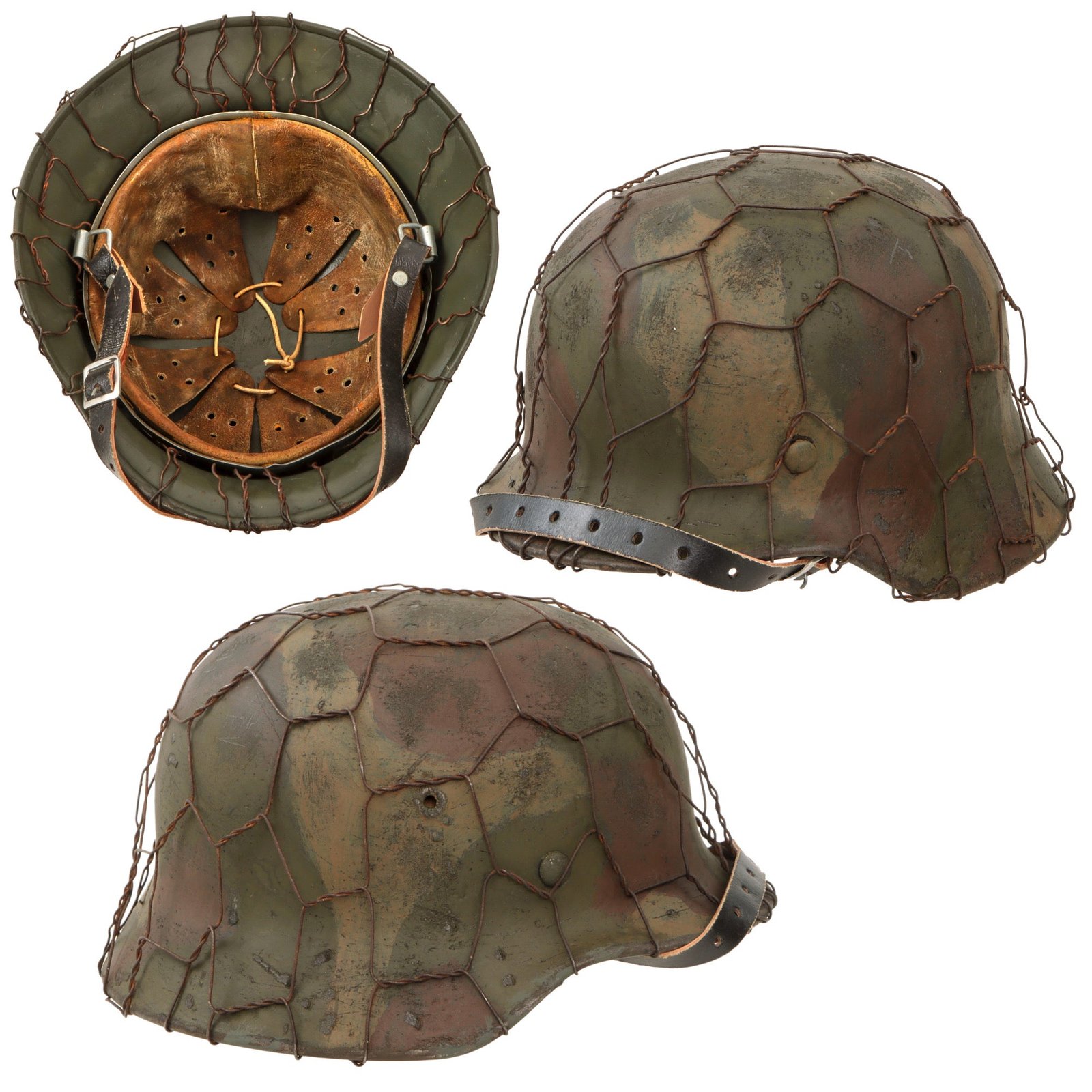 Original German WWII M40 Refurbished 12th SS Panzer HJ at Caan & Falaise Chicken Wire Camouflage Helmet - Stamped EF64