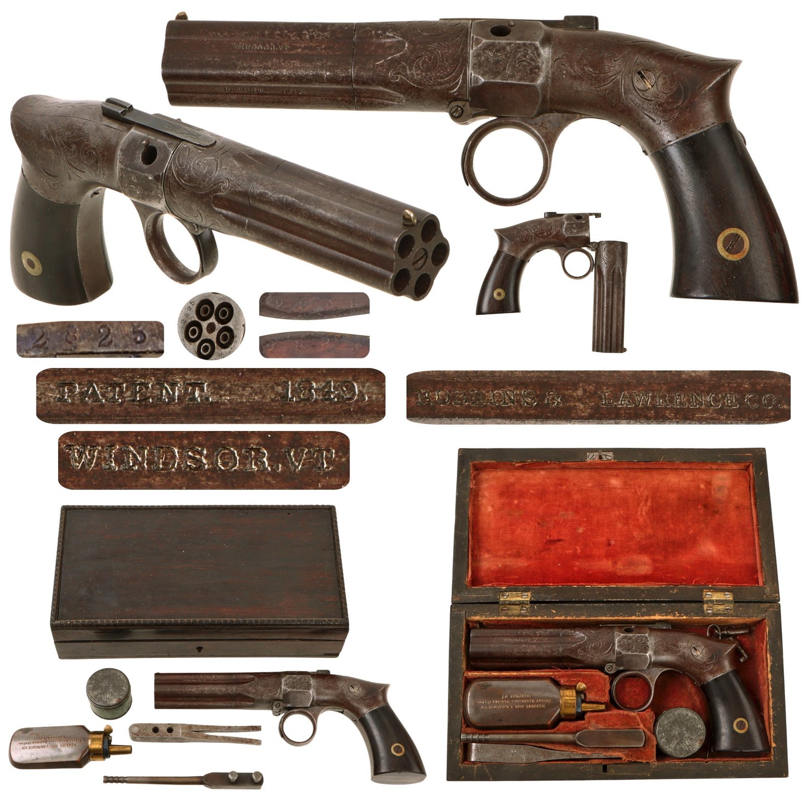 Original U.S. Rare Robbins & Lawrence 1849 Patent .28cal Percussion Pepperbox Revolver in Custom Wood Case with Accessories - Serial 2825