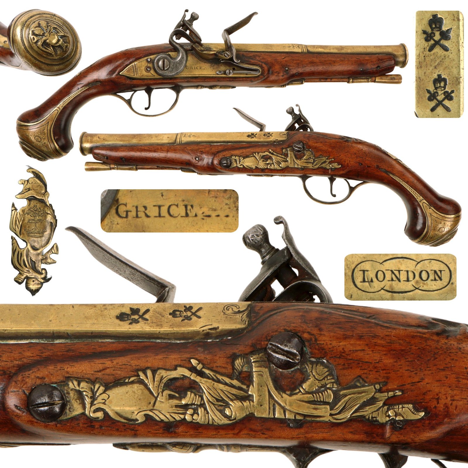 Original 18th Century British Brass Barrel Flintlock Pistol Pistol by Grice with Engraved Brass Fittings - Circa 1770