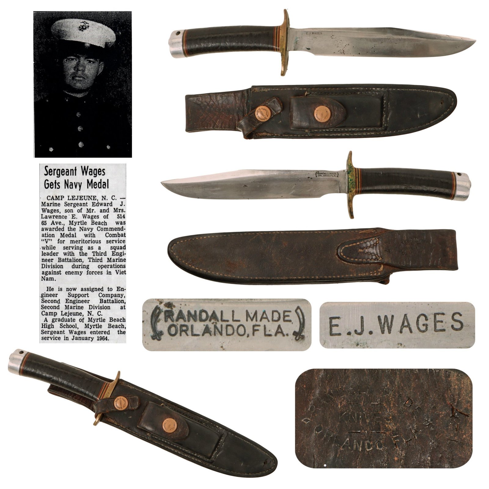 Original U.S. Vietnam War USMC Named & Identified Randall Model 1 APFK “Orlando” Fighting Knife with Original Sheath - Captain Edward J. Wages, Bronze Star Recipient & 3rd Engineer Battalion Squad Leader