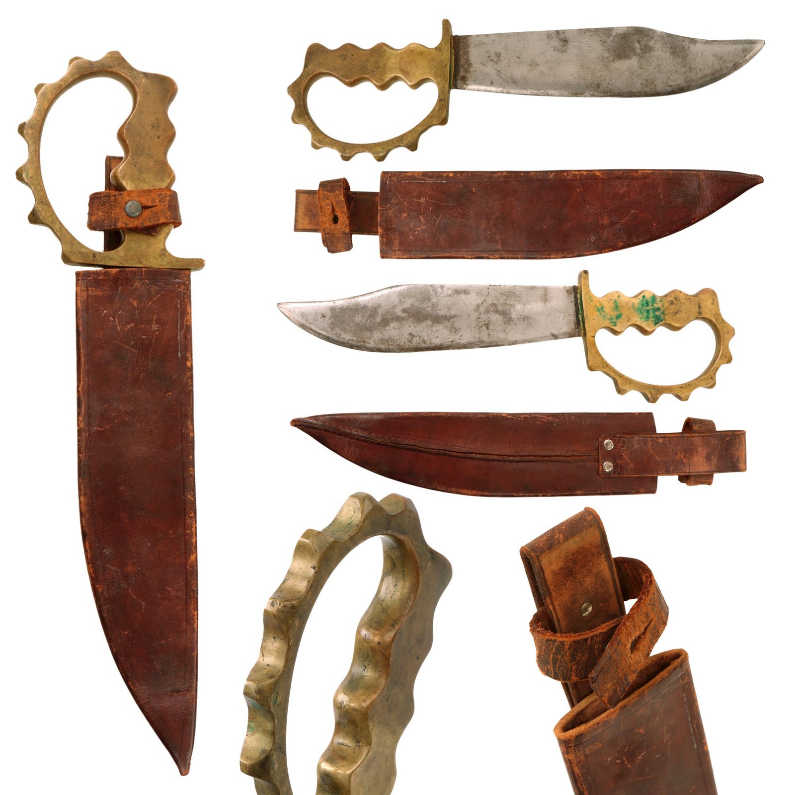 Original U.S. WWII Australian-Made Large Cog Guard Knuckle Bowie Style Fighting Knife With Leather Scabbard