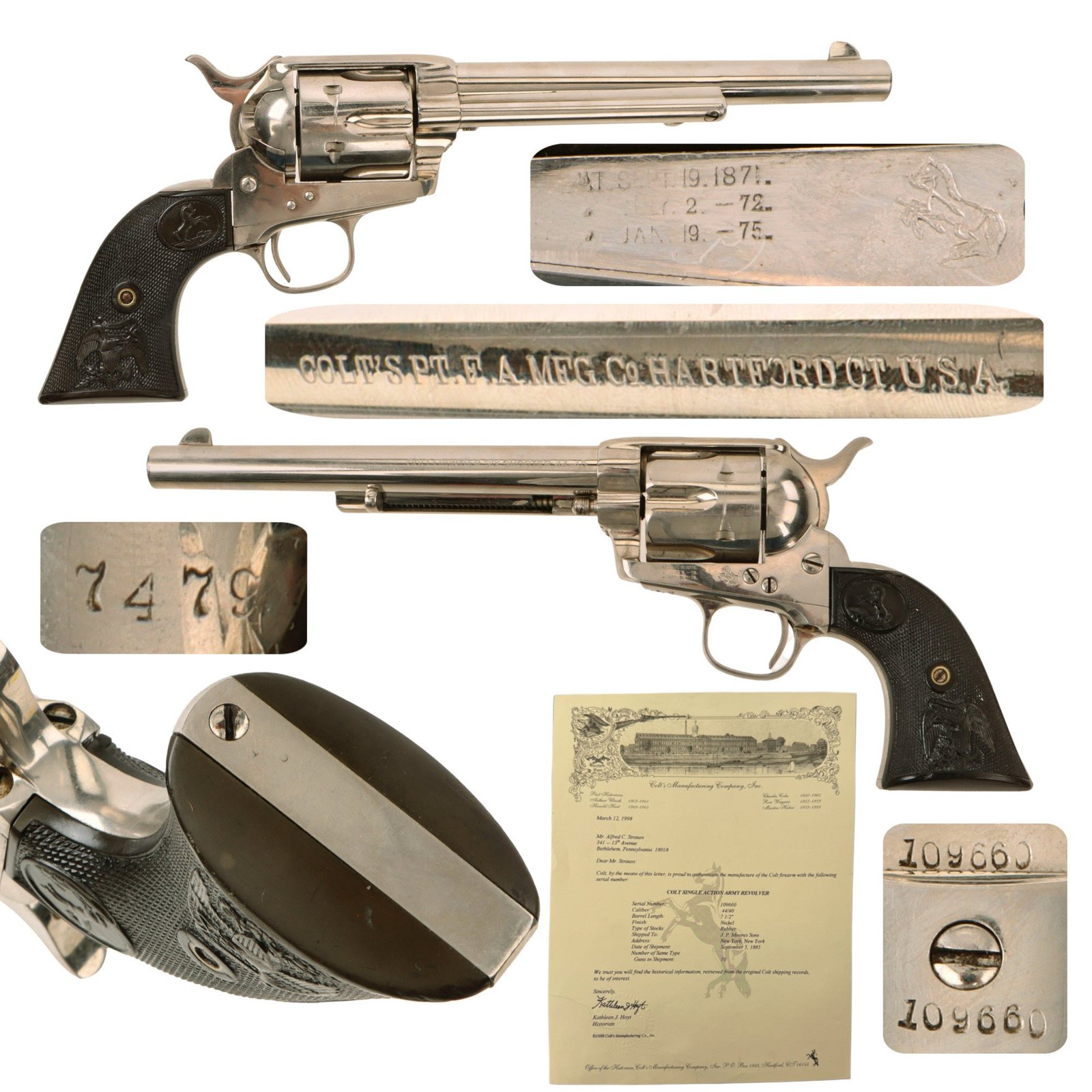 Original U.S. Colt Factory Restored Nickel Plated Frontier Six Shooter .44-40 SAA Revolver Made in 1885 with 7 1/2" Barrel and Factory Letter - Serial 109660