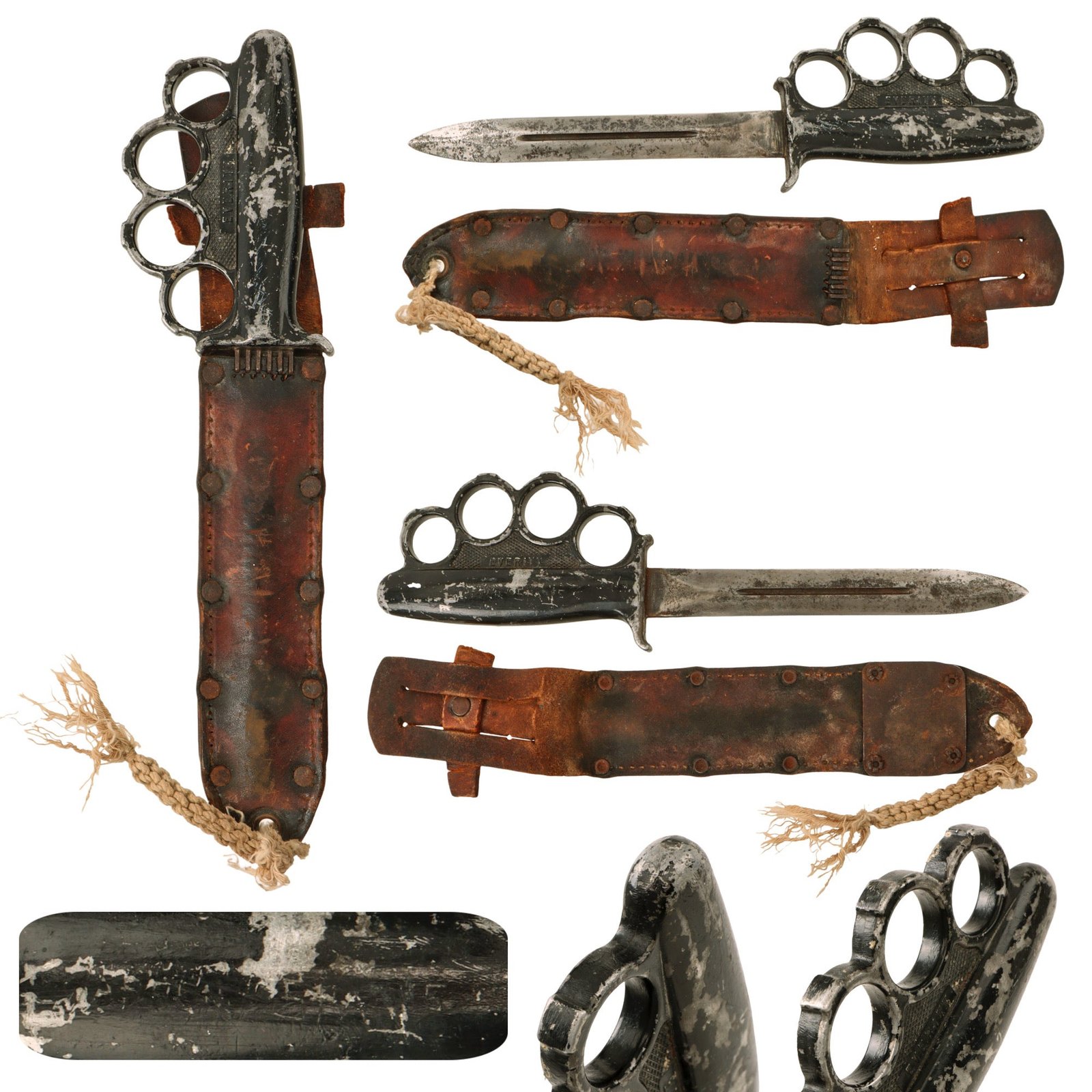 Original Rare U.S. WWII Everitt Black Handle Knuckle Fighting Knife with Scabbard - Named “Warren Shanks”