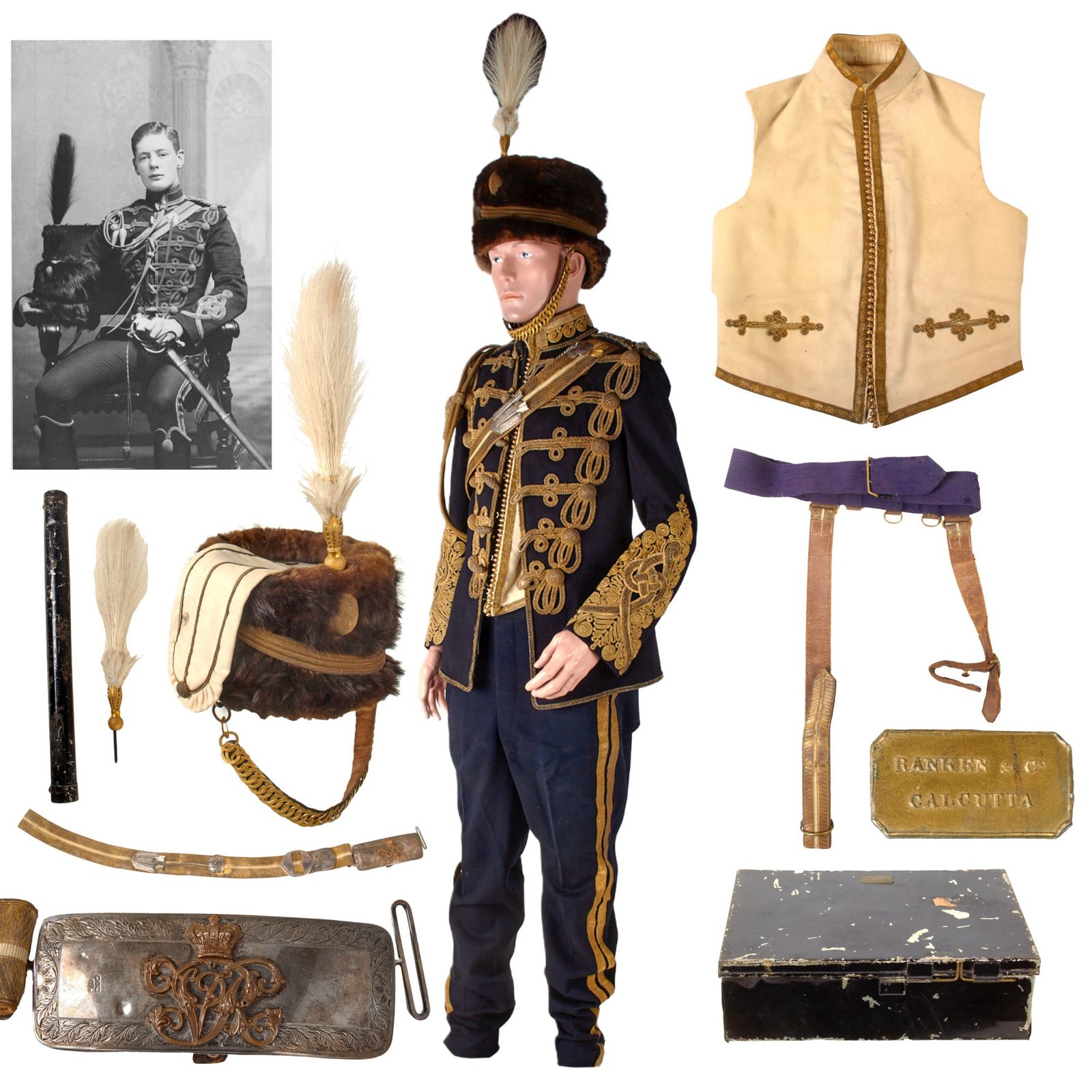 Original British Victorian 19th Royal Hussars (Queen Alexandra's Own) Major Officer’s Busby & Full Dress Tunic Uniform Grouping with Sterling Silver Pouch Belt & Officer’s Mess Waistcoat
