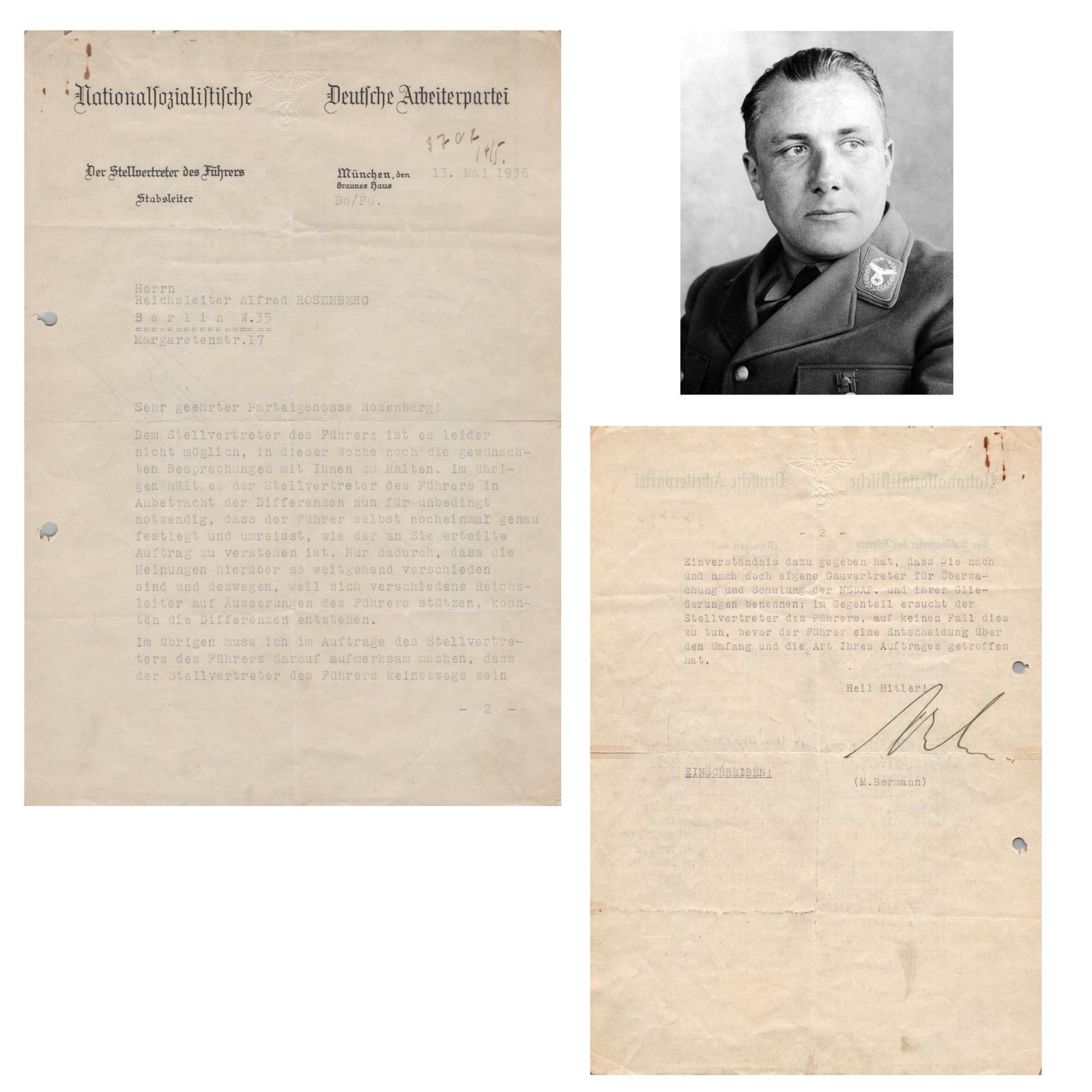 Original German Pre-WWII Martin Bormann Signed Letter to NSDAP Party Member Dated 1936 with Translation - AH Führer’s Personal Secretary