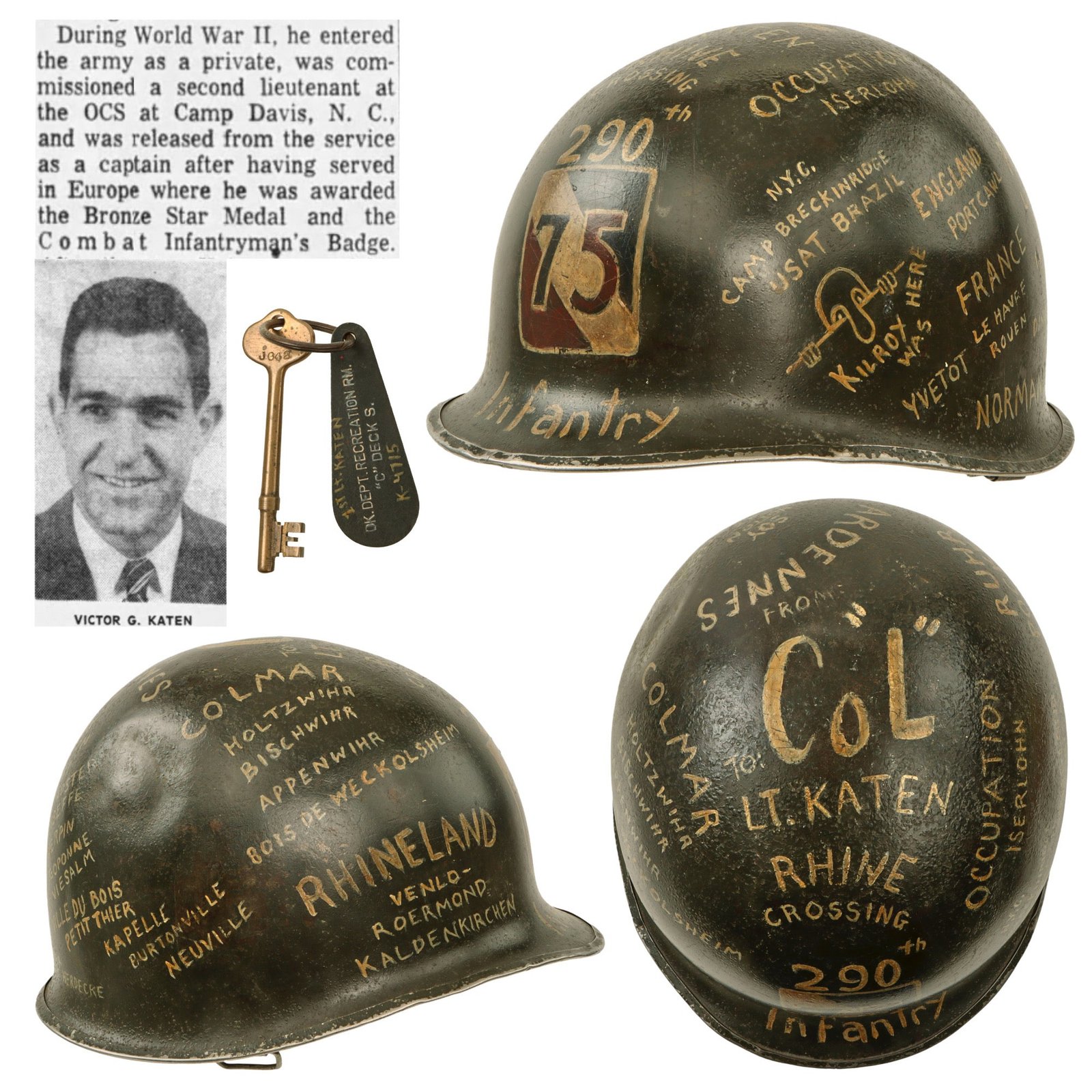Original U.S. WWII Outstanding Painted 75th Infantry Division Front Seam Swivel Bale McCord M1 Helmet Shell Presented by Co. L, 290th Infantry to Lieutenant Victor Katen with “Kilroy Was Here” & Key From S.S. Brazil - Bronze Star Recipient