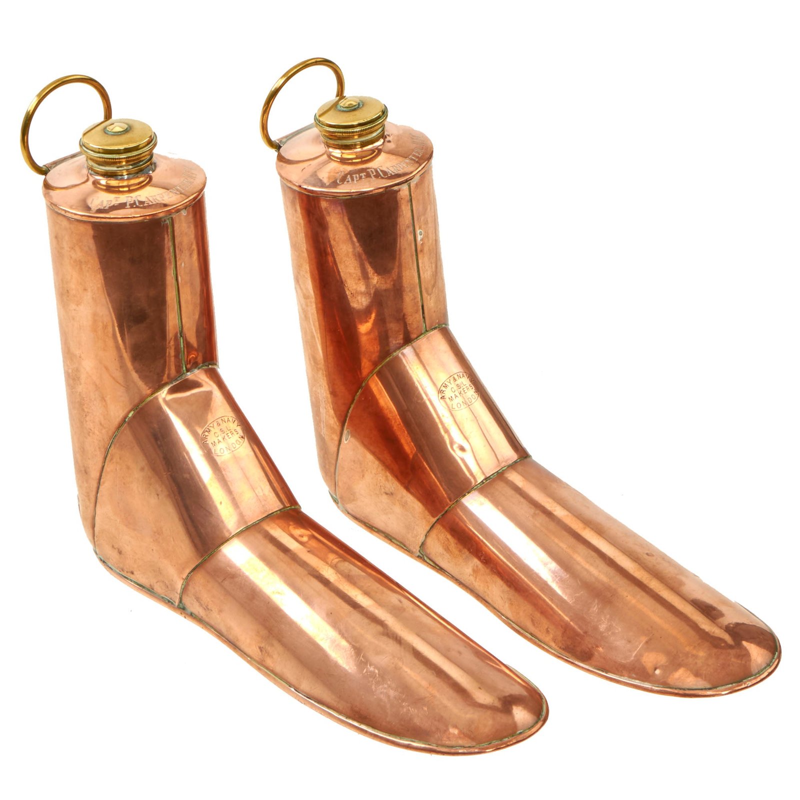 Buy Original British WWII Pair of Copper Boot Warmers / Flasks Named to WWI Flying Ace Capt. P. Carpenter R.F.C. by Army & Navy C.S.L. | Original Firearms Antique For Sale