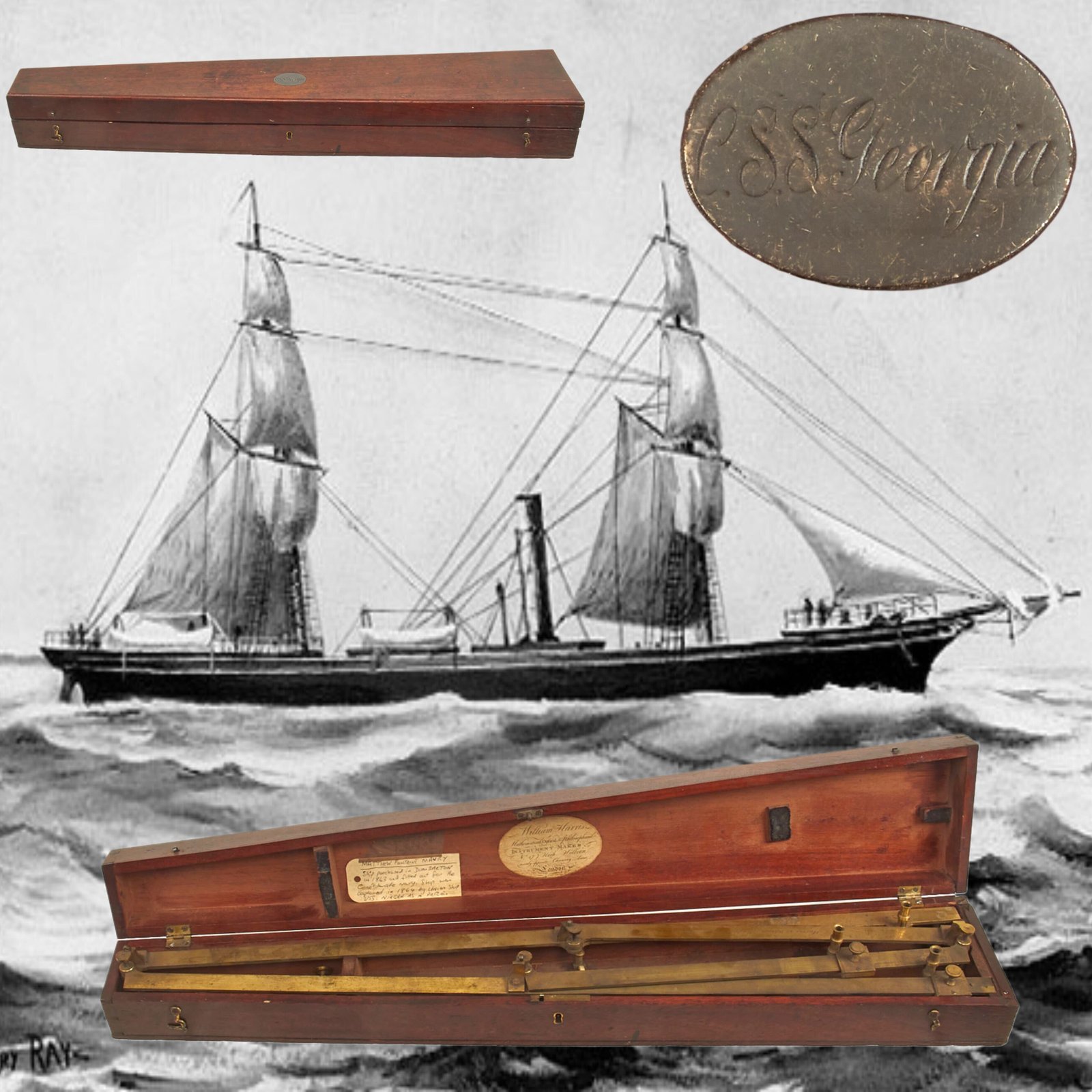 Buy Original U.S. Civil War Confederate British-Made Cased Pantograph of the CSS Georgia, British Ship Sold to the CSA and Captured by the Union Navy in 1864 | Original Firearms Antique For Sale