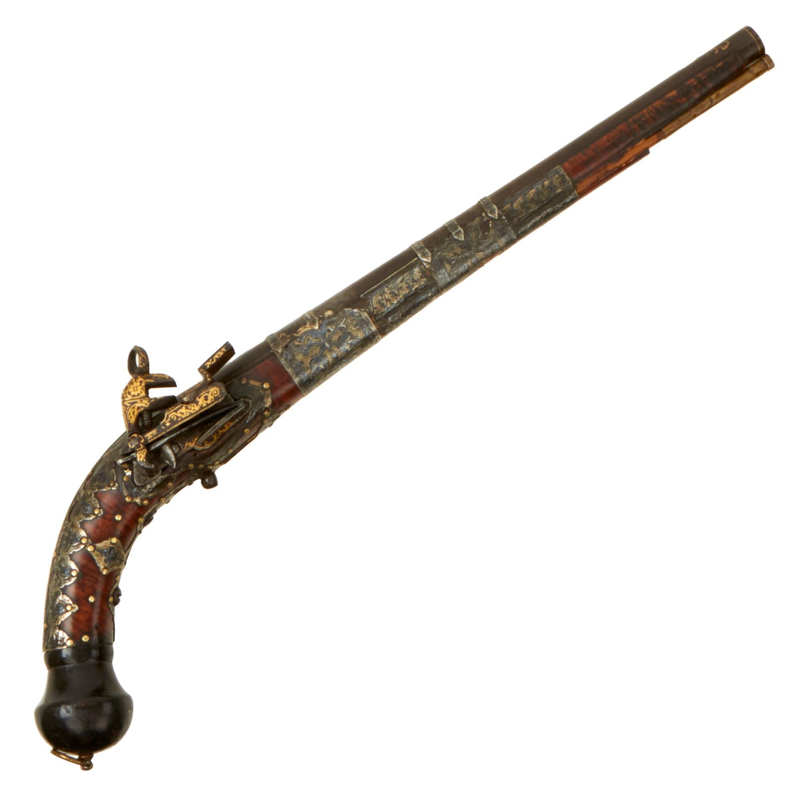 Buy Original Magnificent Niello Silver Fitted Cossack Miquelet Ball Butt Pistol with Gold Inlaid Barrel and Lock - circa 1760 | Original Firearms Antique For Sale