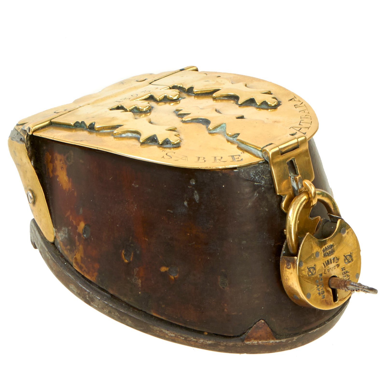 Buy Original British Victorian 1898 Dated Horse Hoof Brass Mounted Keepsake Box marked “SABRE” & ATBARA with Brass Padlock | Original Firearms Antique For Sale