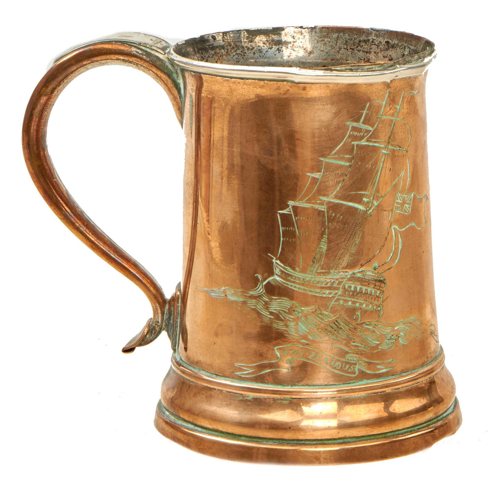 Buy Original British Napoleonic Royal Navy Silver Plated Copper Pint Tankard from HMS ZEALOUS with Nelson’s “Band of Brothers” Engraved on the Side - c. 1800 | Original Firearms Antique For Sale