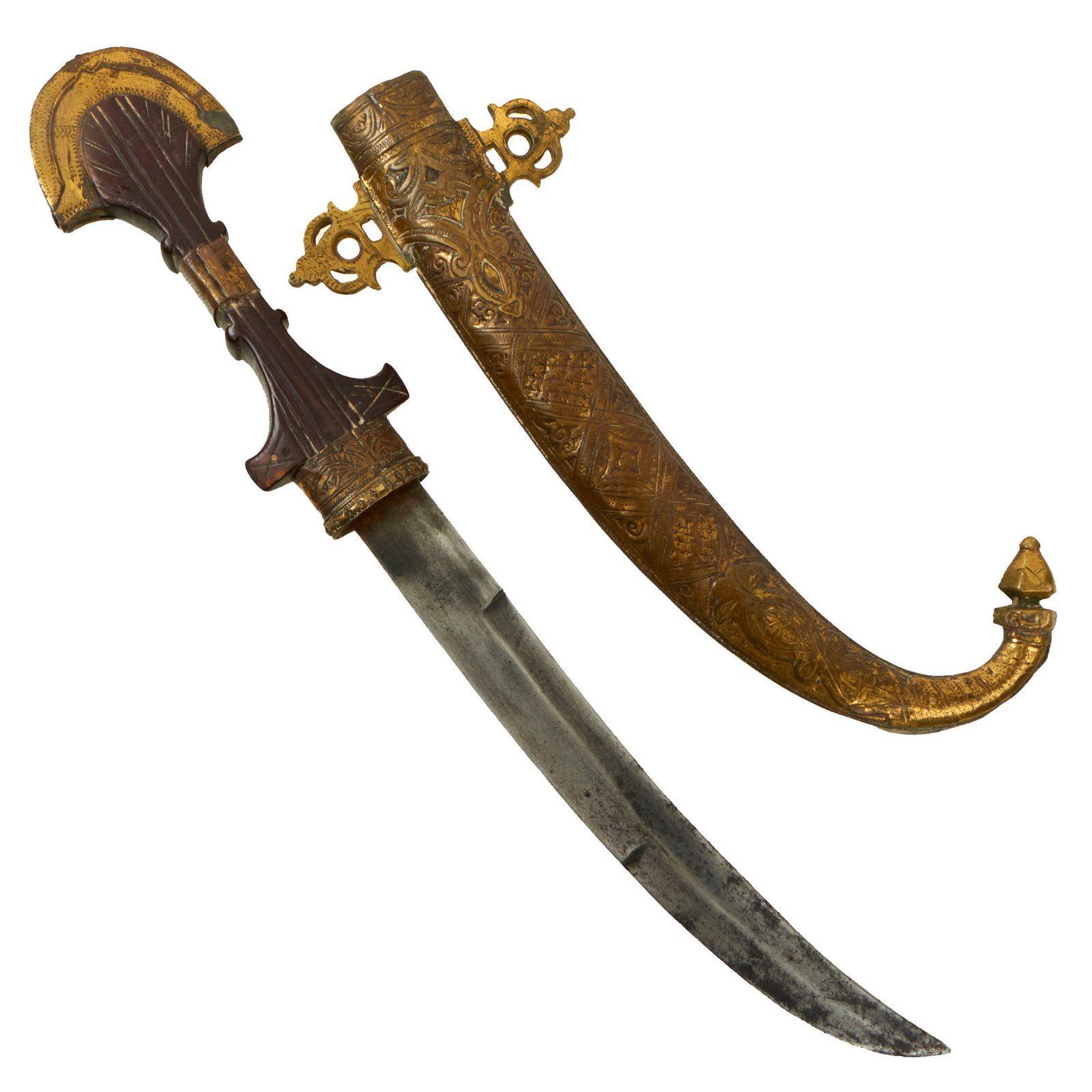 Buy Original 19th Century North African - Arabian Jambiya Dagger with Gilt Embossed Brass Clad Scabbard - circa 1840 | Original Firearms Antique For Sale